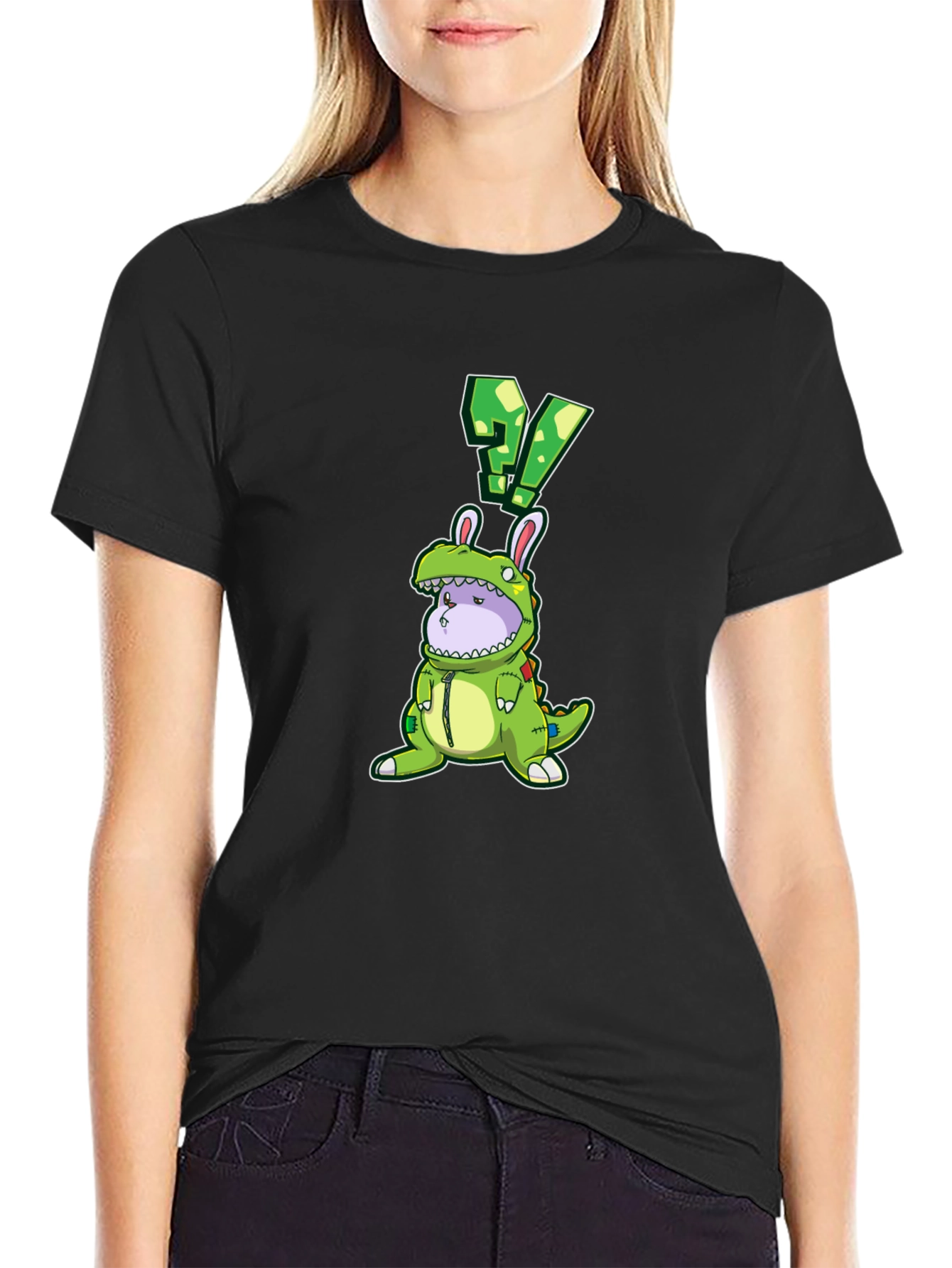 Black Dino Bunny Costume Graphic Tee - Quirky Novelty Design view 2