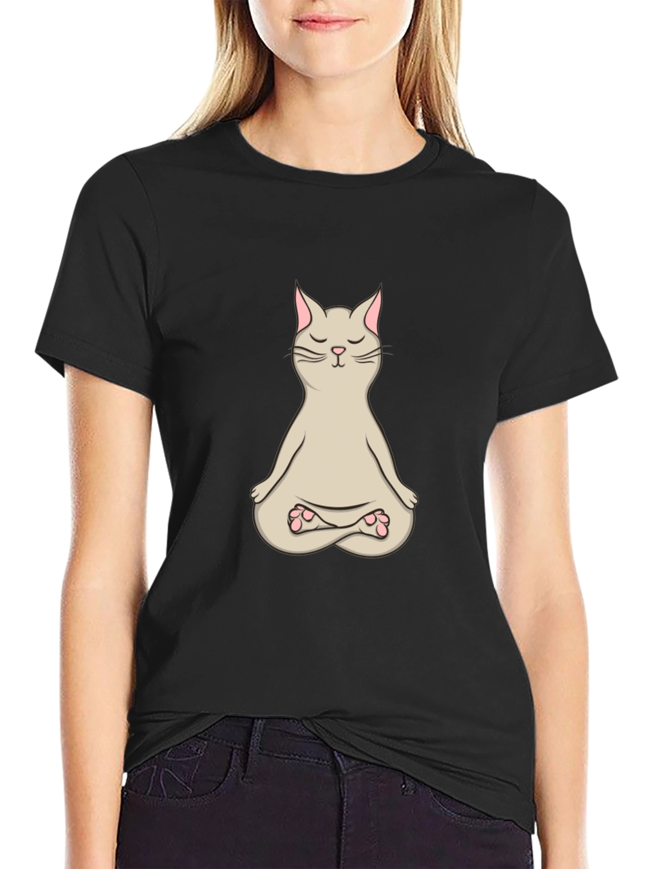 Black Zen Cat T-Shirt - Meditating Feline Design view 2