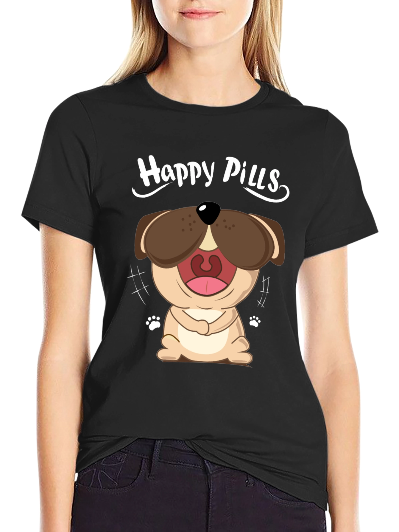 Black Happy Pills Dog Graphic T-Shirt - Black Cotton Tee view 2