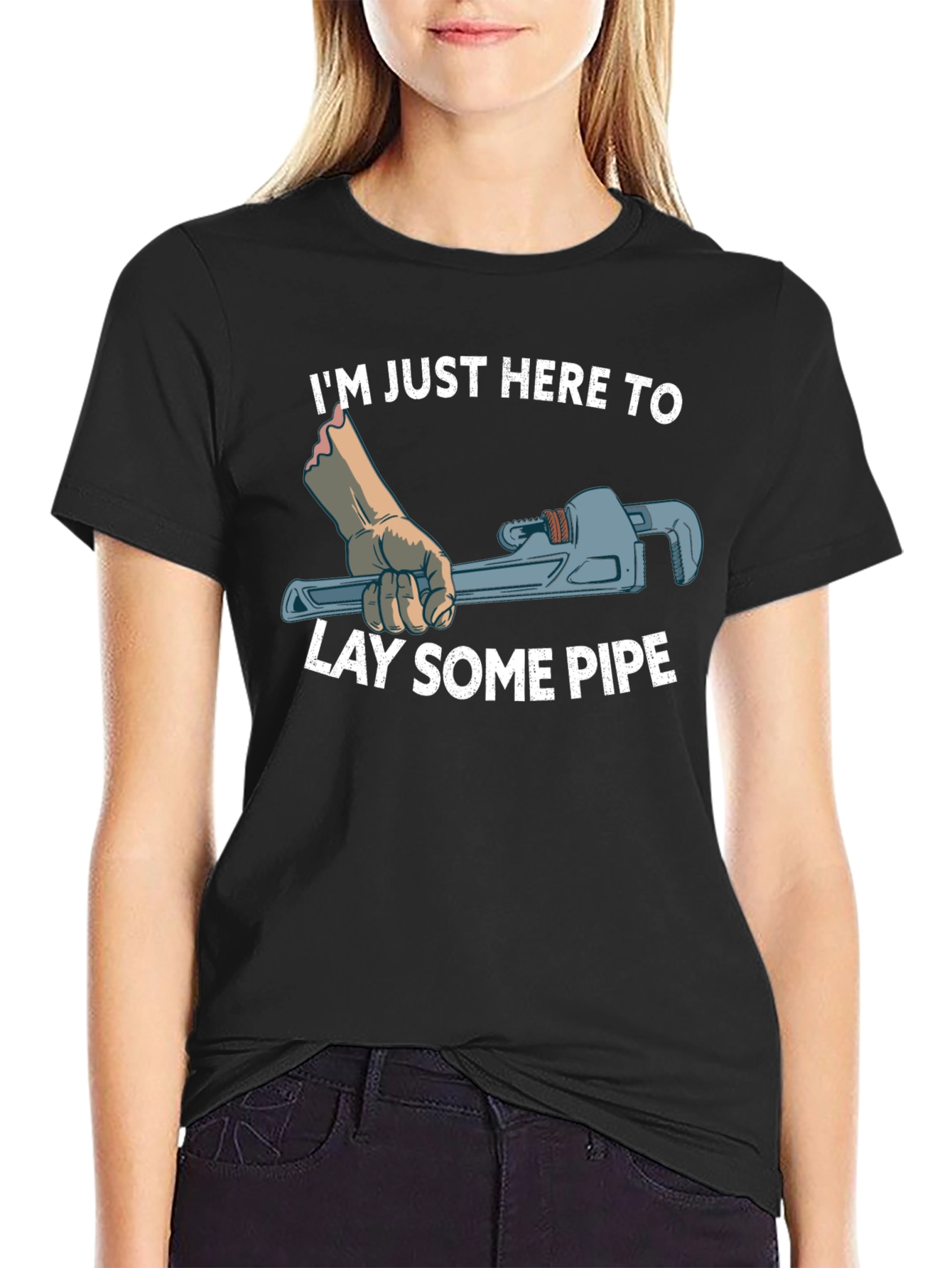 Black Plumber T-Shirt: I'm Just Here To Lay Some Pipe view 2