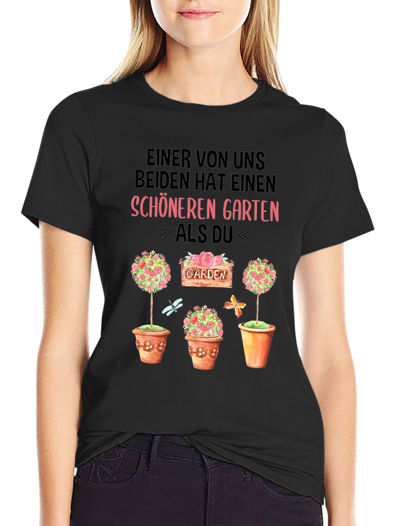 Black Funny Gardener T-Shirt: "Schöneren Garten" Design view 2