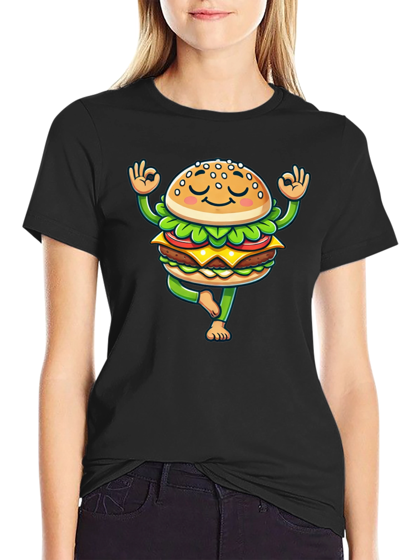 Black Yoga Burger T-Shirt - Meditating Fast Food Tee view 2