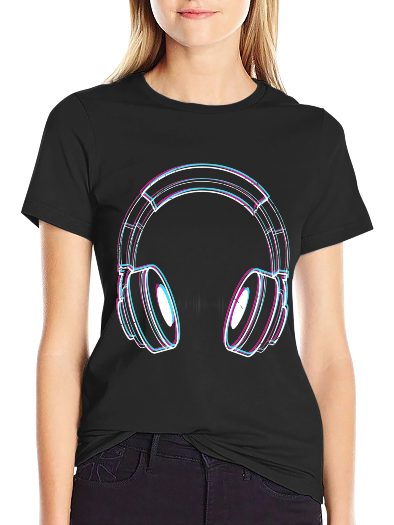 Black Vaporwave Headphones Graphic Tee - Black Cotton Blend view 2