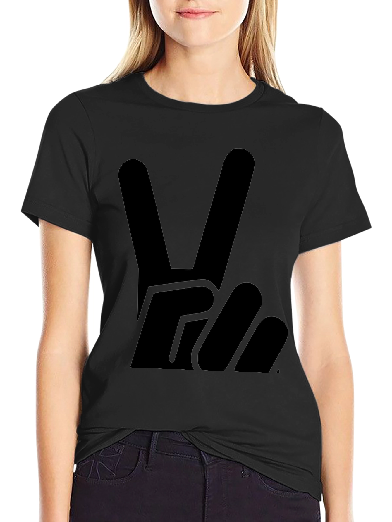 Black Peace Sign Graphic Tee - Solid Black Cotton T-Shirt view 2