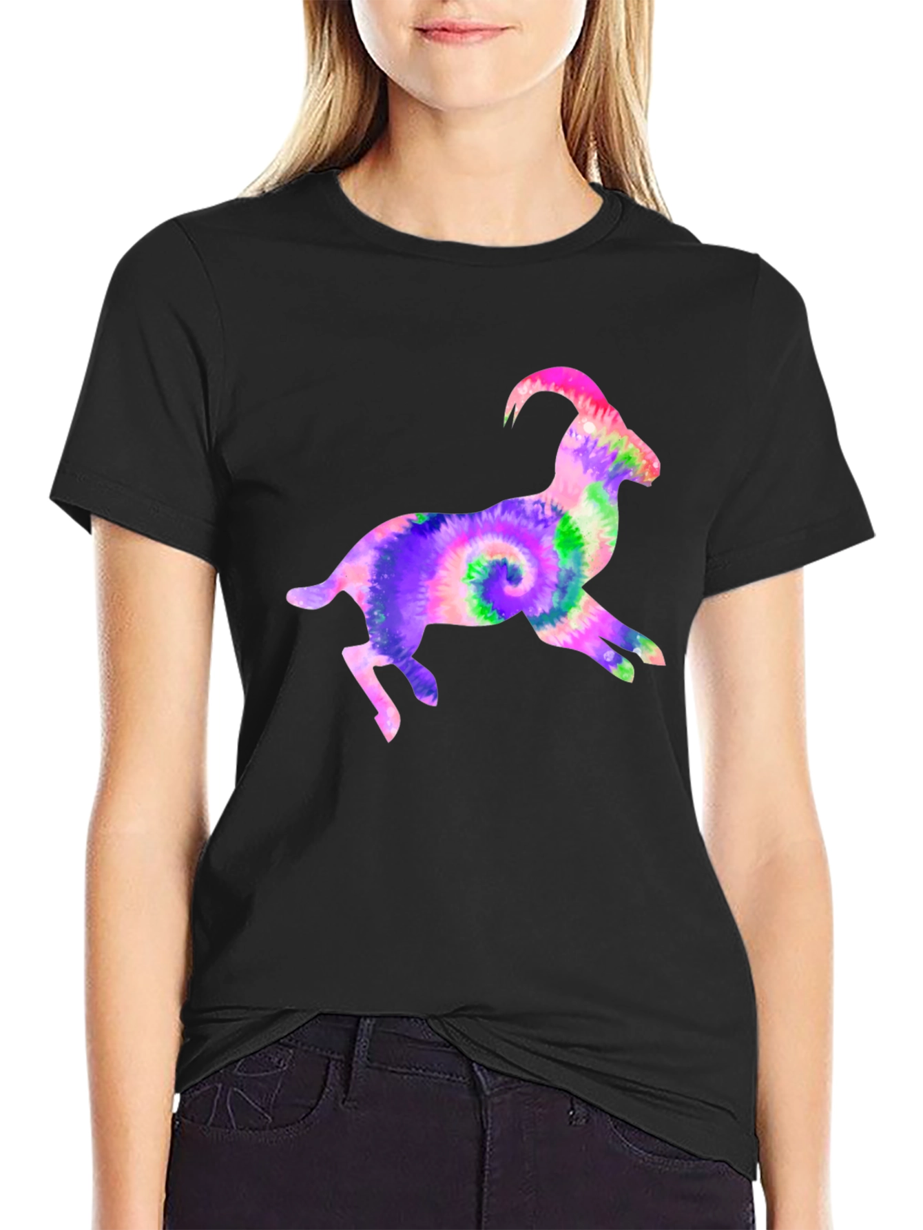Black Tie-Dye Goat Graphic Tee - Fun Animal T-Shirt view 2