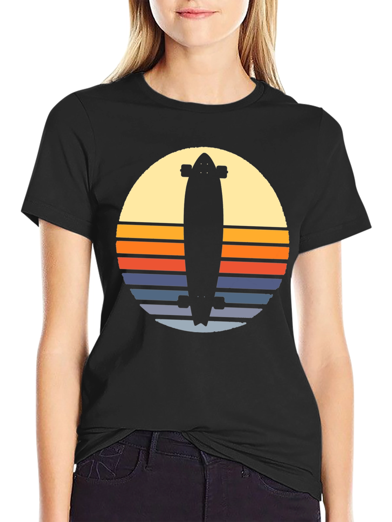 Black Retro Skateboard Sunset Graphic Tee - Black view 2