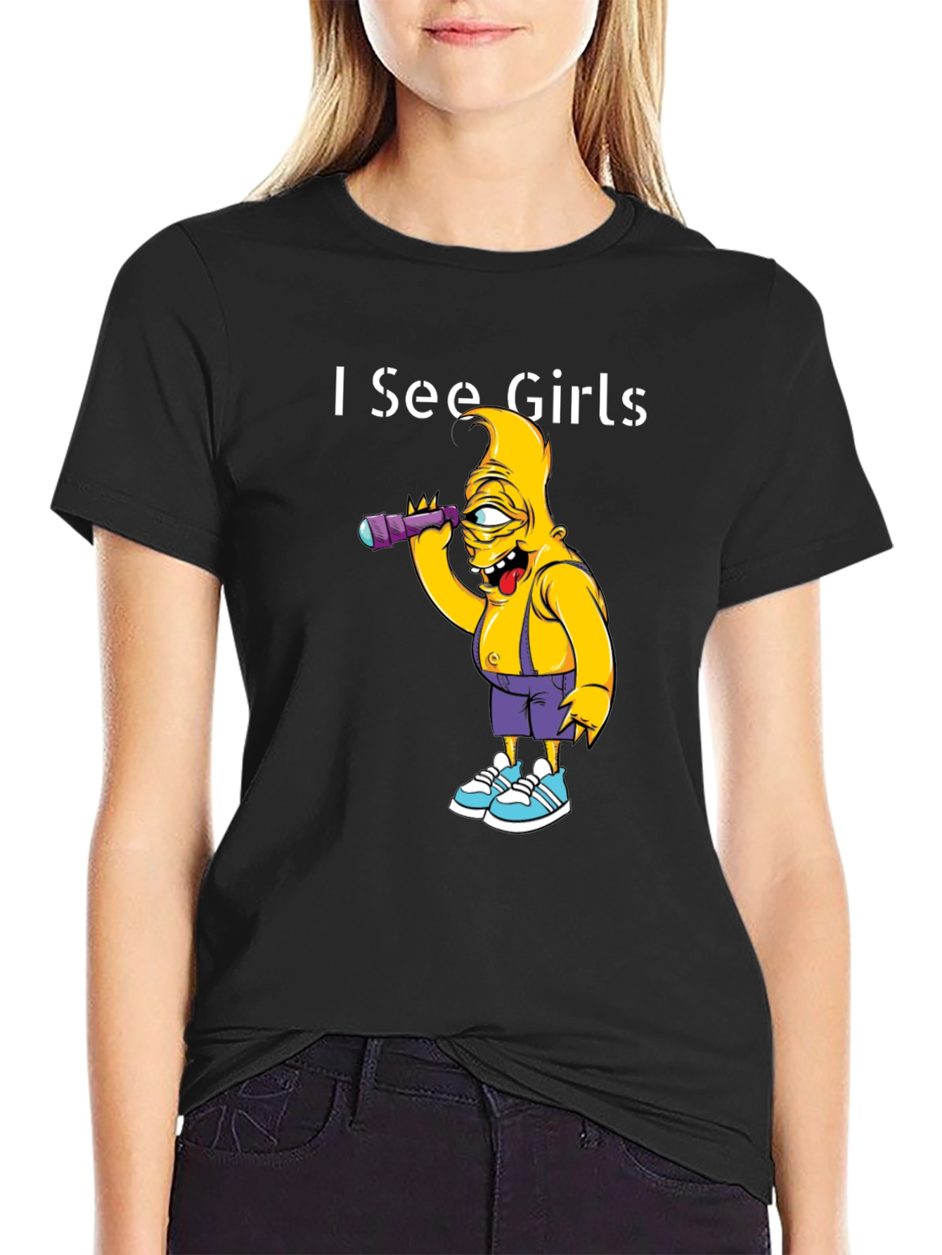 Black I See Girls Single Eye Cartoon T-Shirt view 2