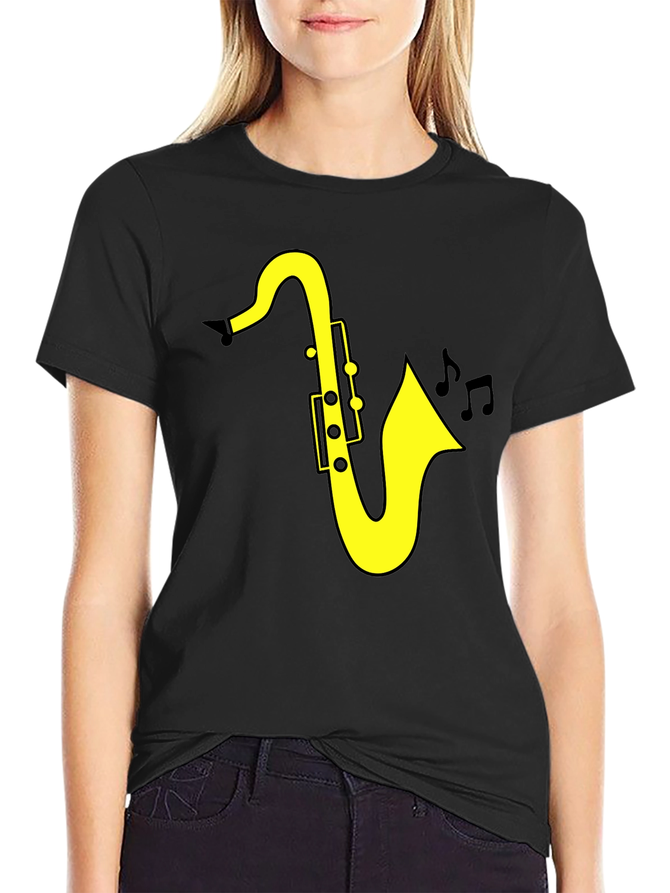 Black Saxophone Music T-Shirt - Black Cotton Tee for Musicians view 2