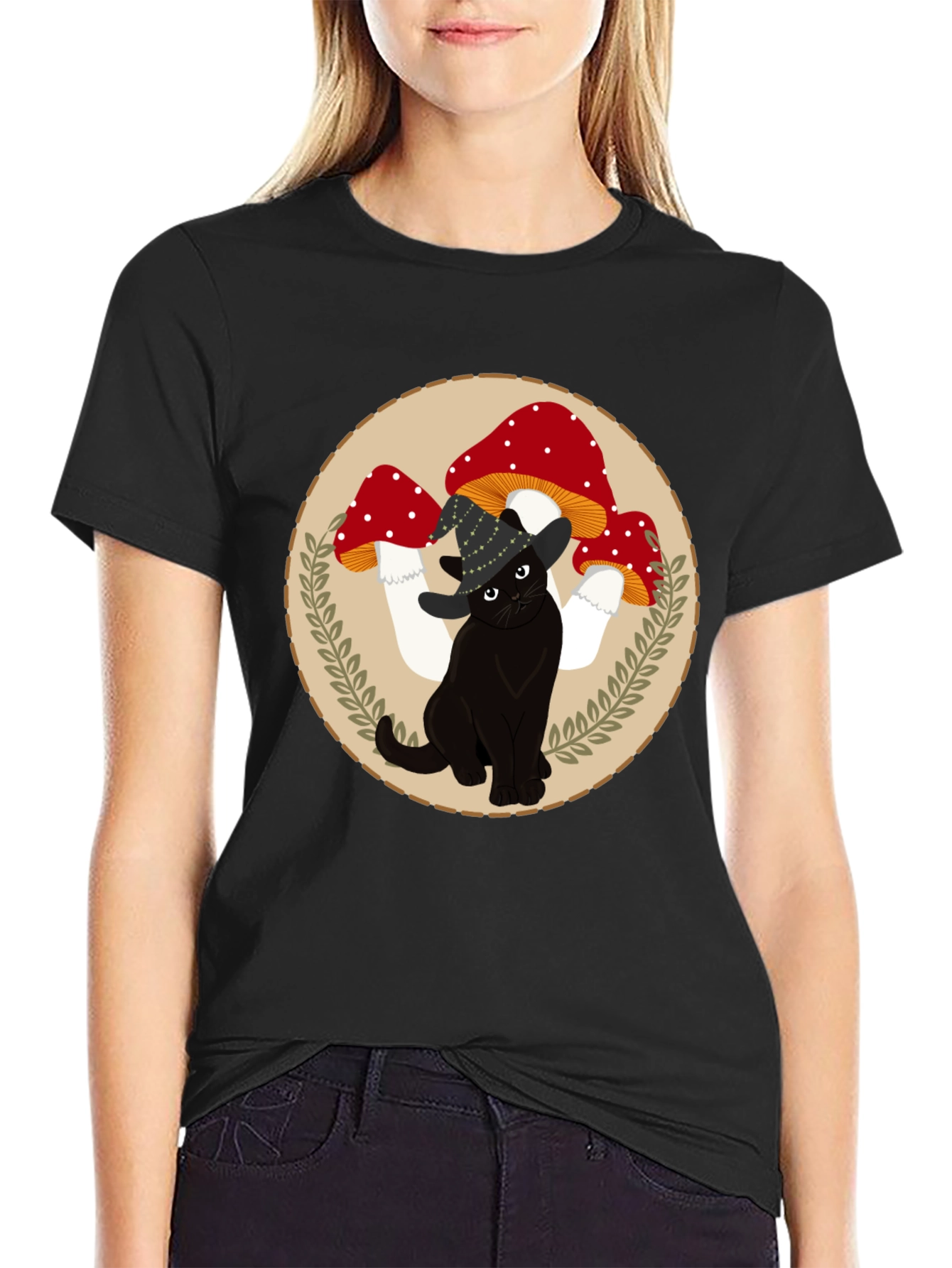 Black Black Cat & Mushroom T-Shirt - Whimsical Graphic Tee view 2
