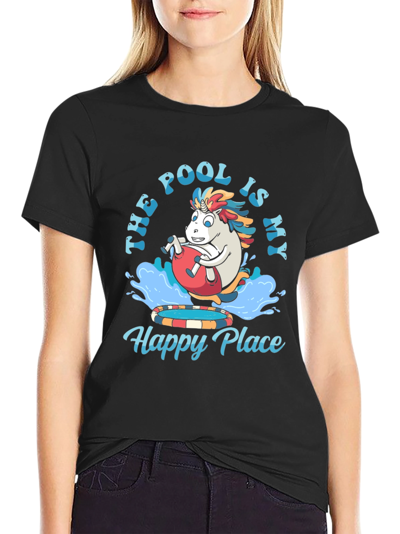 Black Pool Is My Happy Place T-Shirt - Fun Unicorn Design view 2