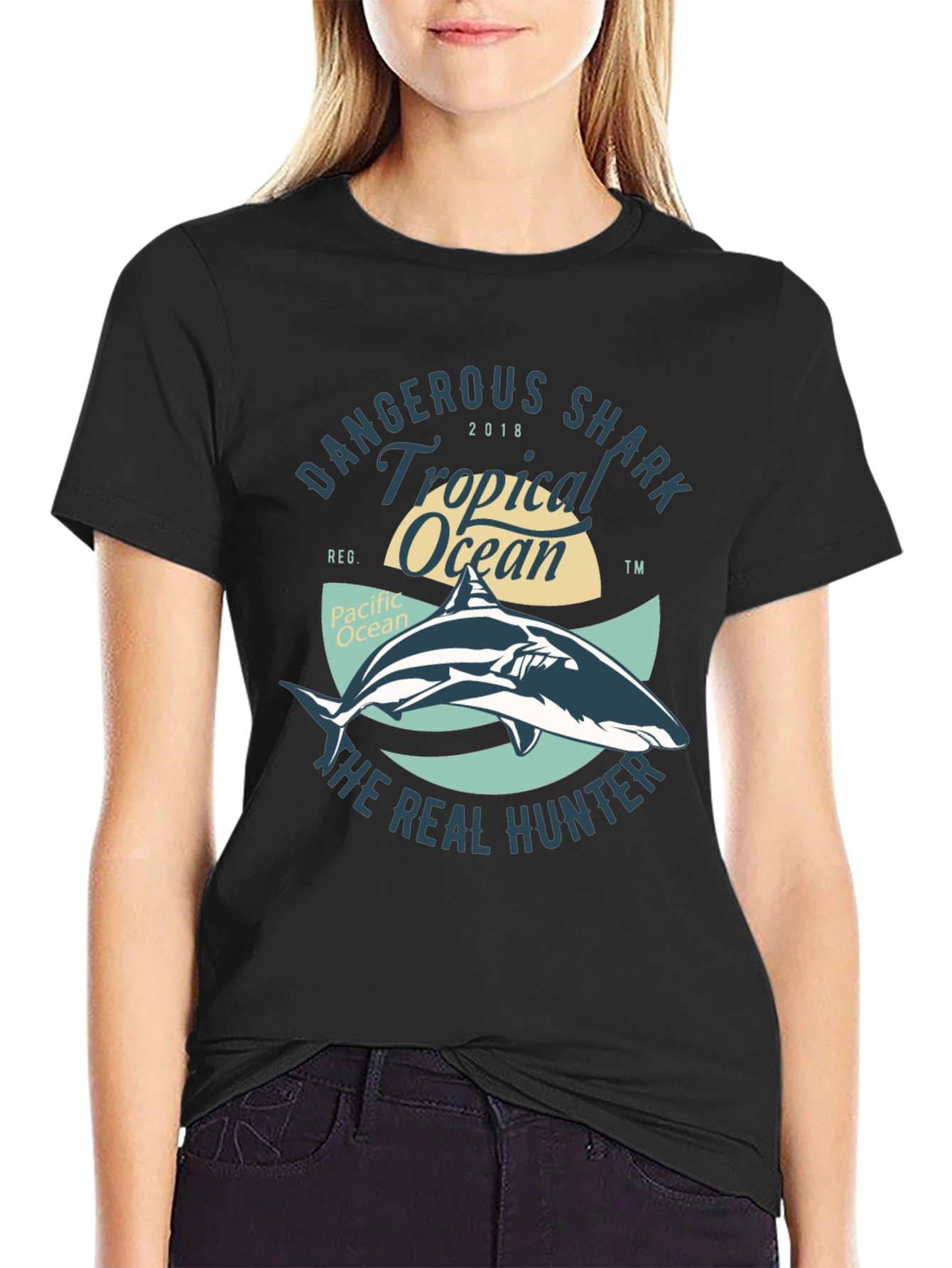 Black Dangerous Shark Tropical Ocean Black T-Shirt view 2