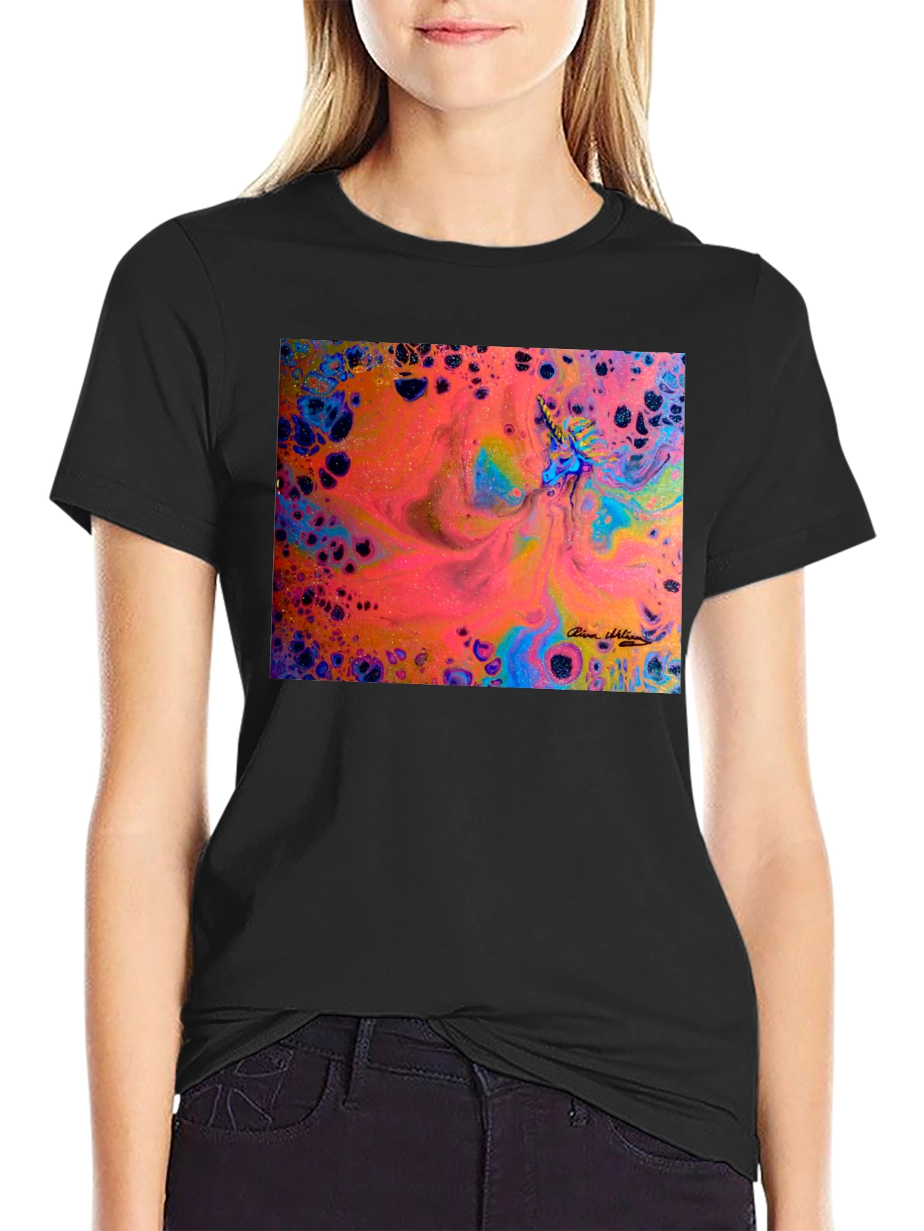 Black Abstract Fluid Art T-Shirt - Vivid Colors view 2