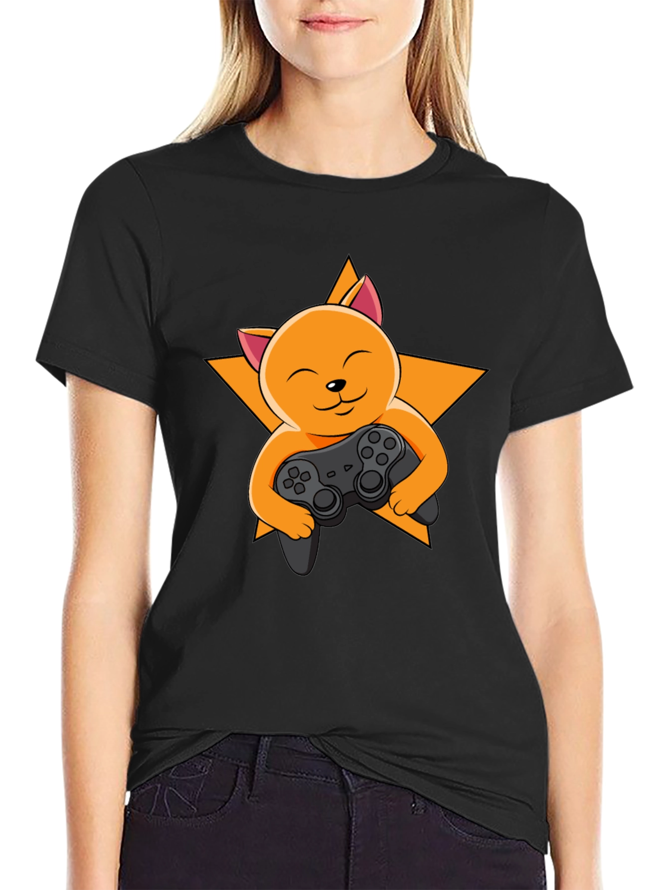 Black Gamer Cat T-Shirt - Black Cotton Tee view 2