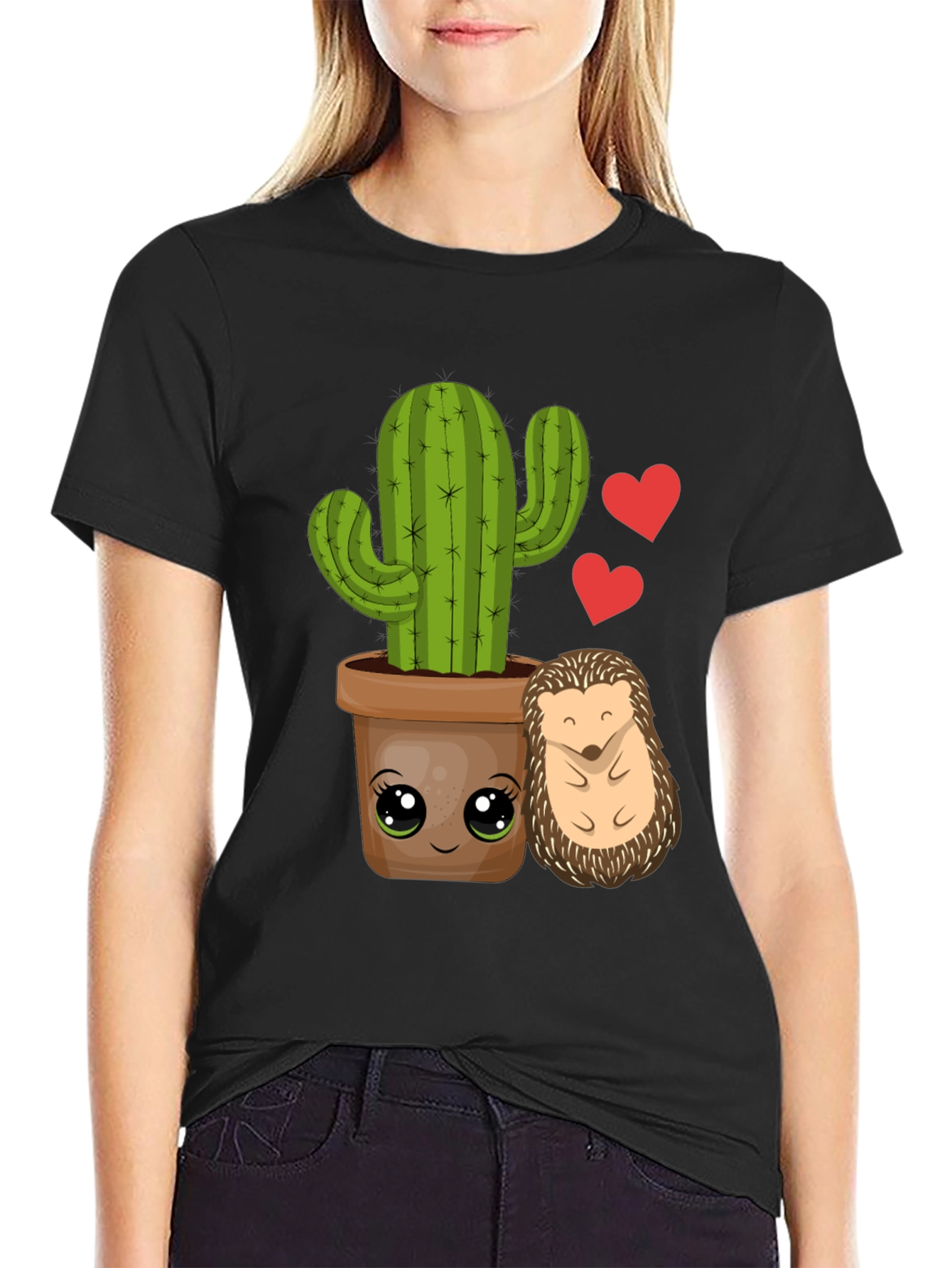 Black Cute Cactus & Hedgehog T-Shirt view 2
