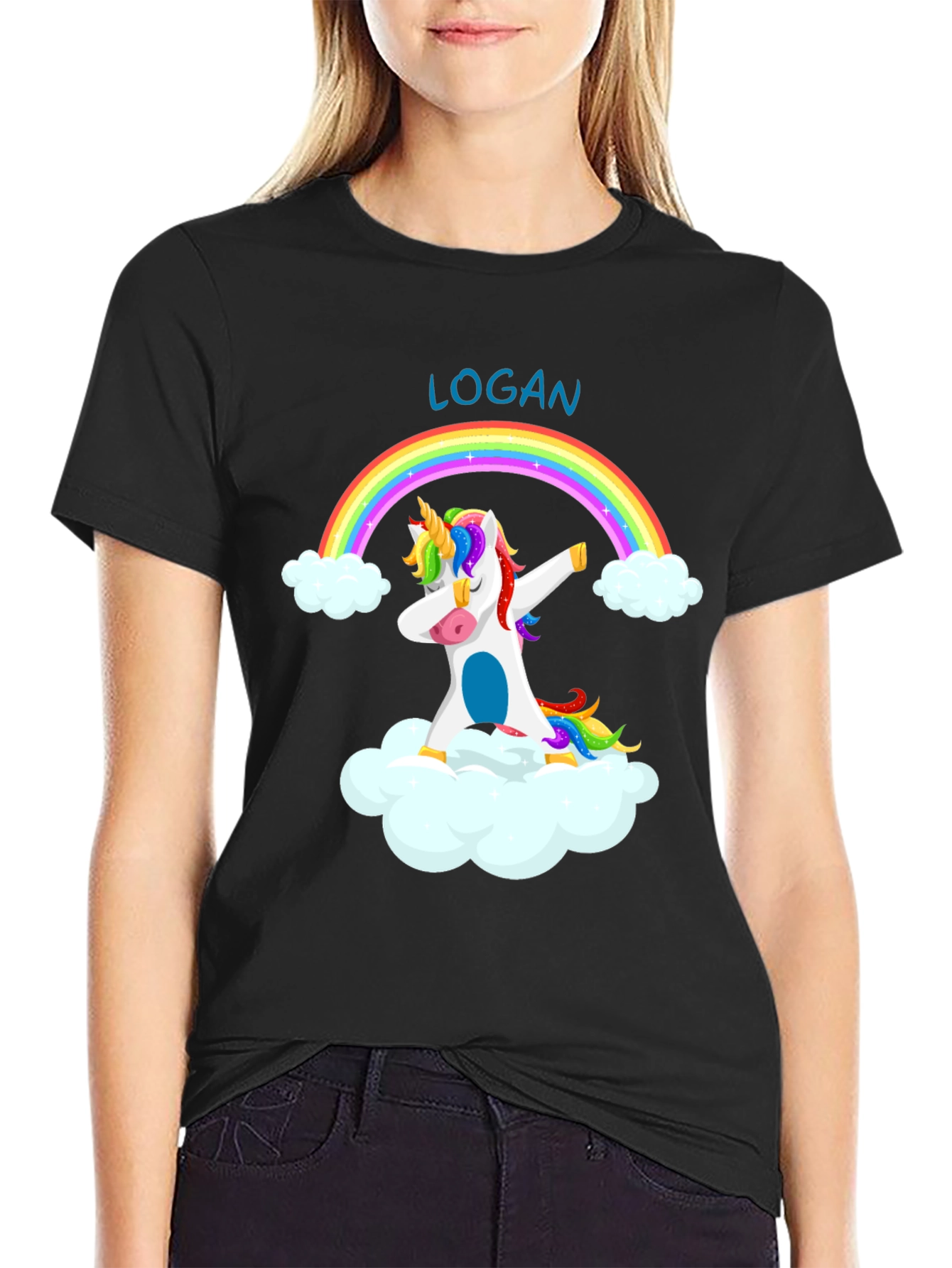 Black Logan Unicorn Dab Rainbow T-Shirt - Black Cotton Tee view 2