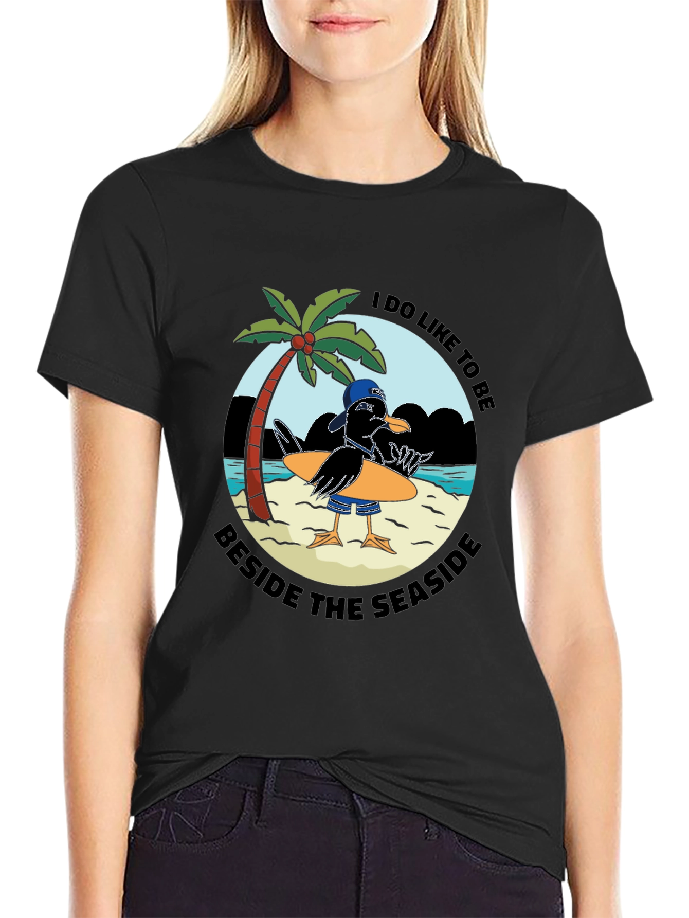 Black Seaside Seagull Graphic Tee - Black Cotton T-Shirt view 2