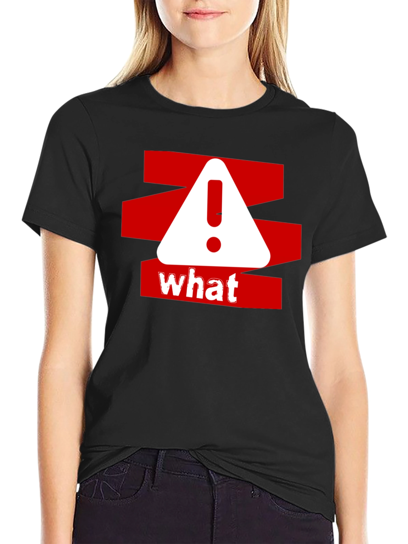 Black What? Graphic Tee - Red and White Warning Design on Black Cotton Shirt view 2