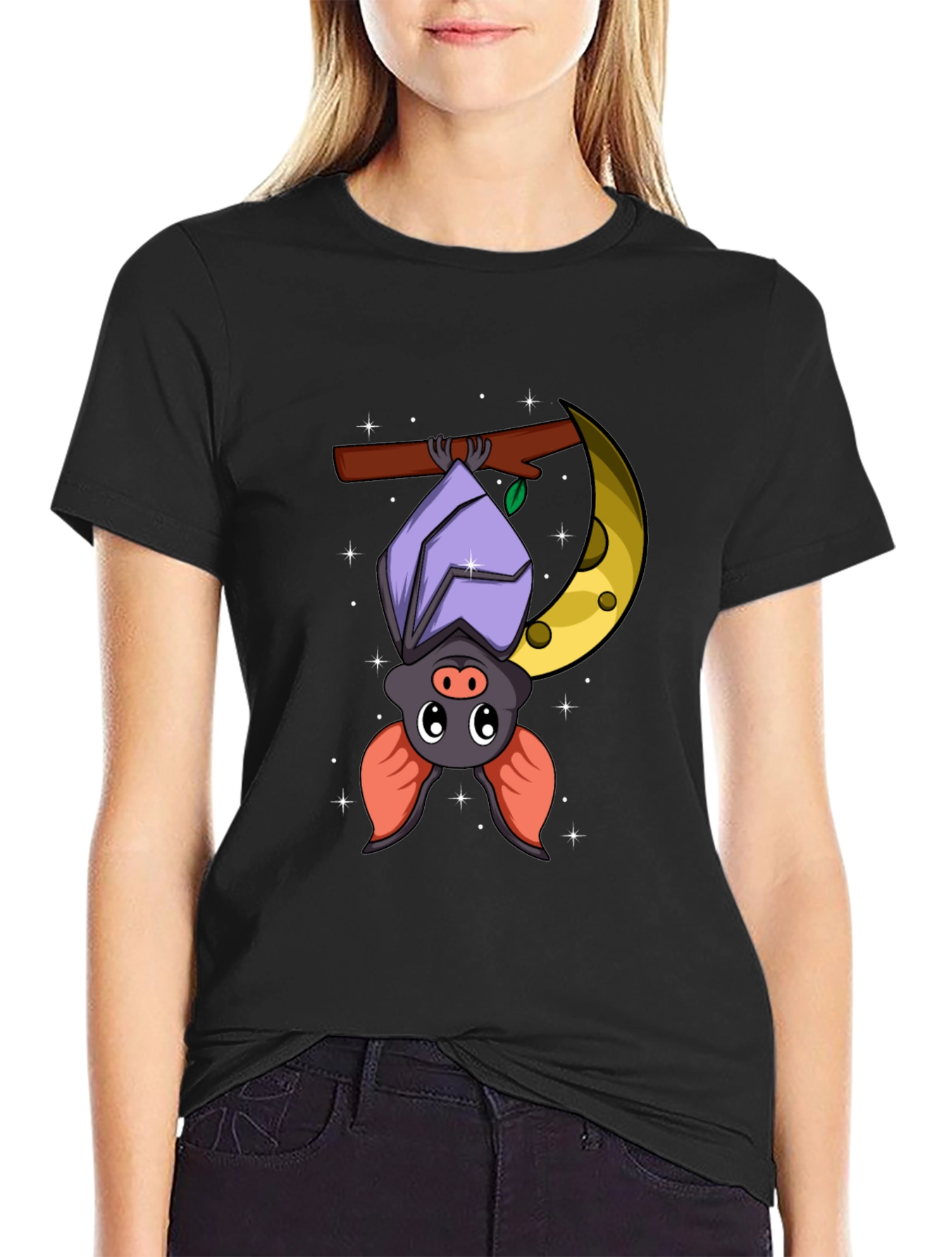 Black Cute Bat on Moon Graphic Tee - Black Cotton T-Shirt view 2