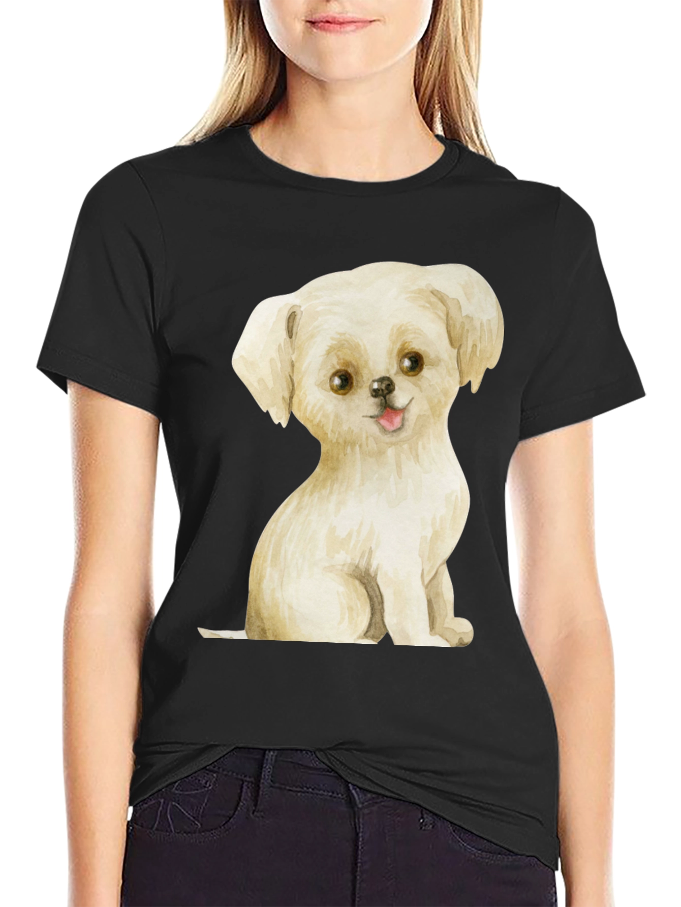 Black Cute Puppy Graphic Tee - Unisex Black T-Shirt view 2