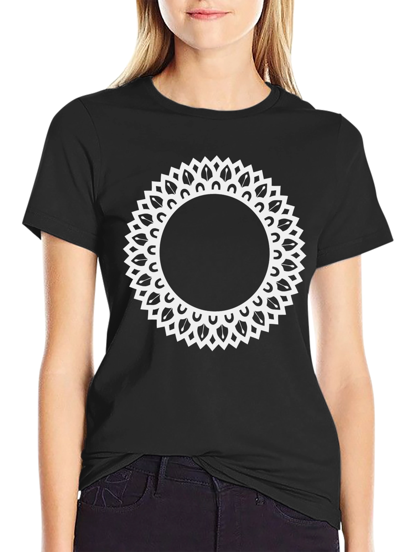 Black Black Tee with Ornamental Sun Mandala Design view 2