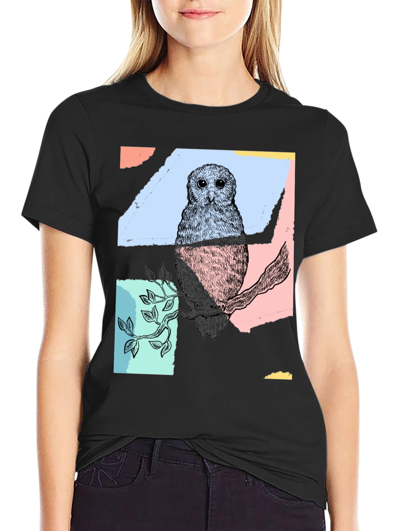 Black Abstract Owl Print Black T-Shirt view 2