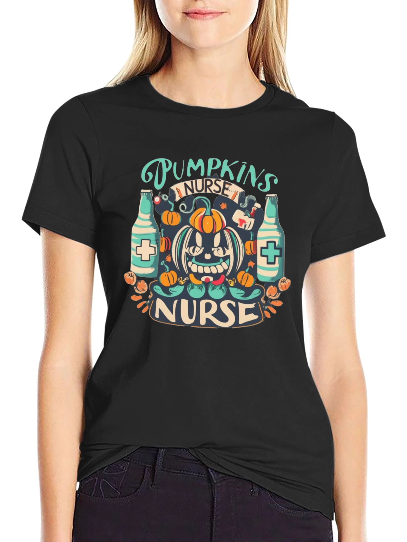 Black Halloween Nurse Pumpkin T-Shirt view 2