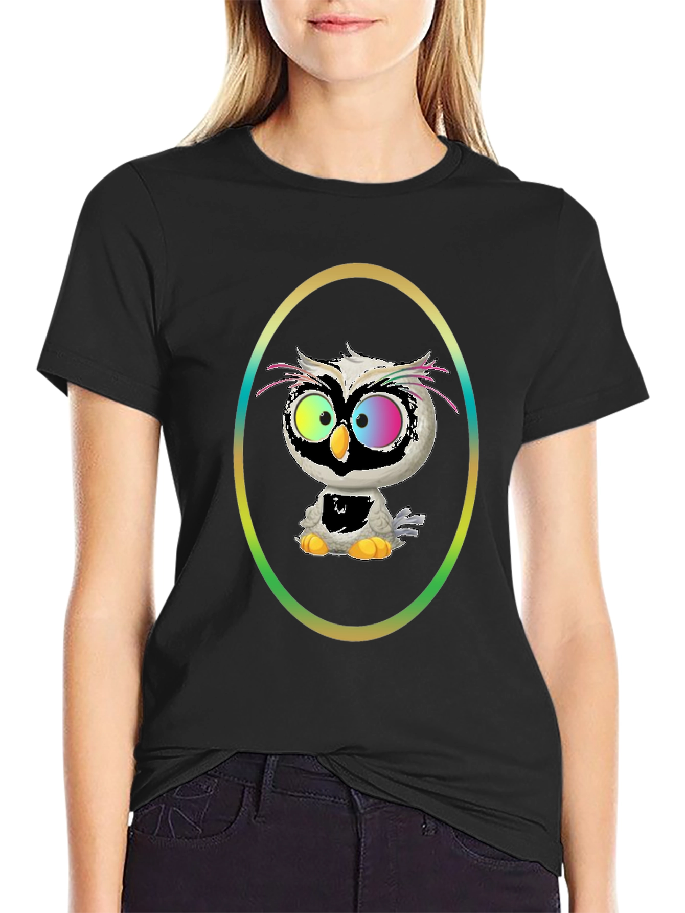 Black Owl Graphic Tee - Quirky Cartoon Bird view 2