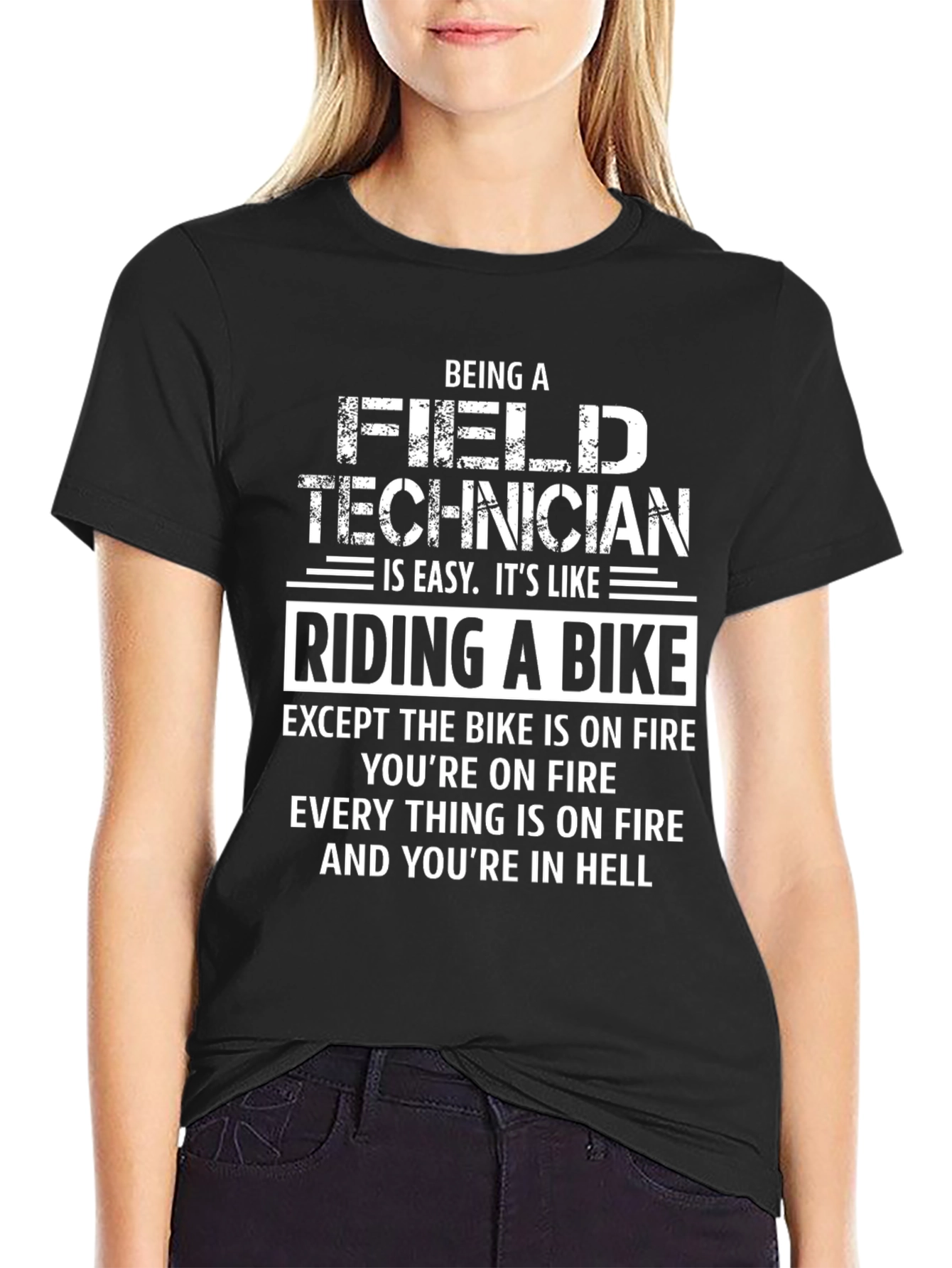 Black Funny Field Technician T-Shirt: Riding a Bike in Hell view 2