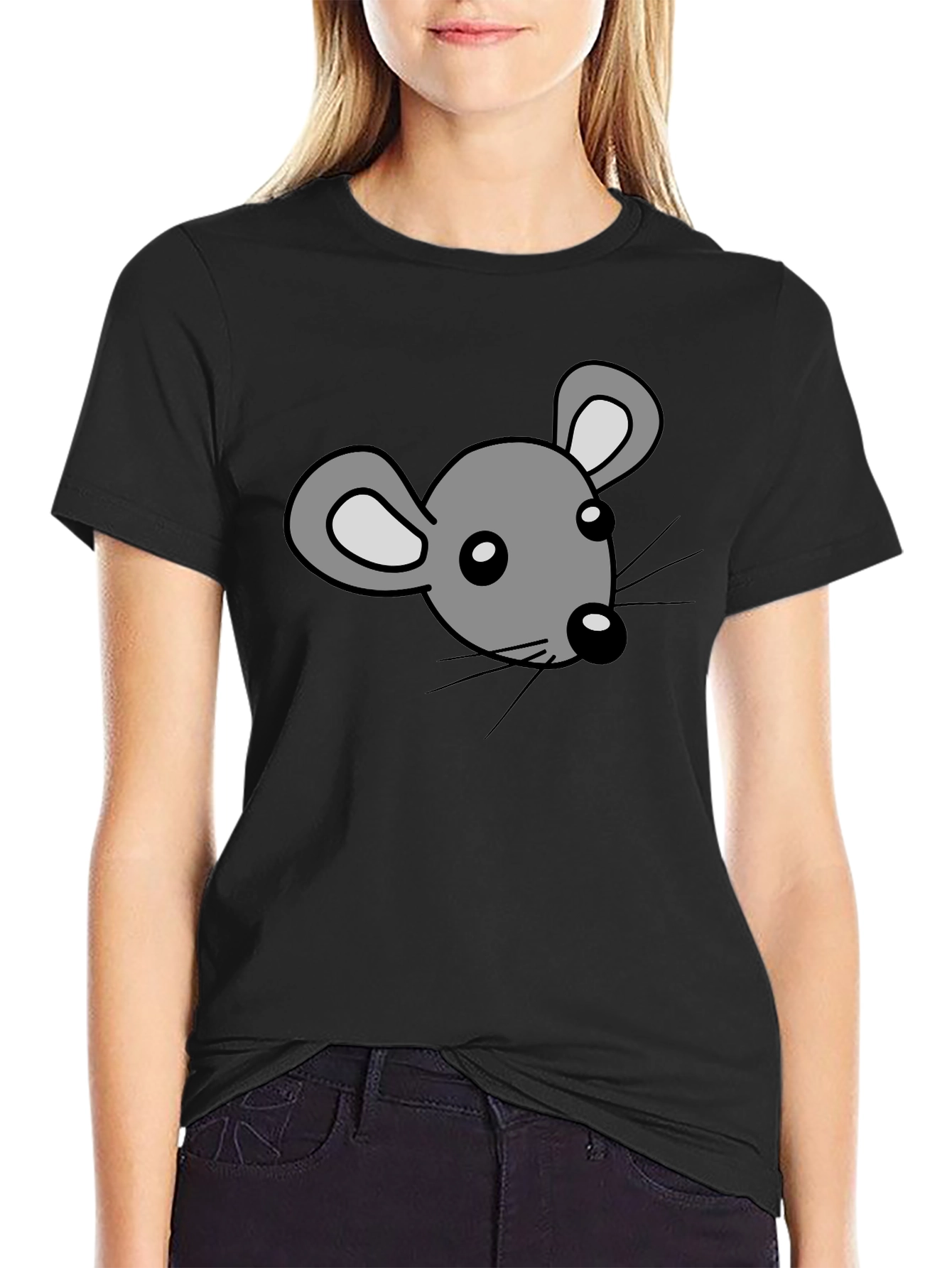 Black Cartoon Mouse Graphic Print Black T-Shirt view 2
