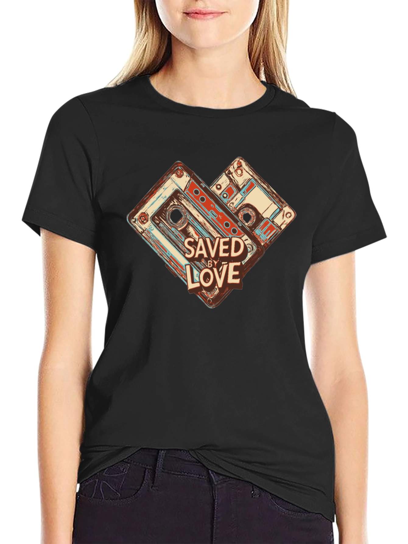 Black Retro Cassette Tape Saved By Love Graphic Tee view 2
