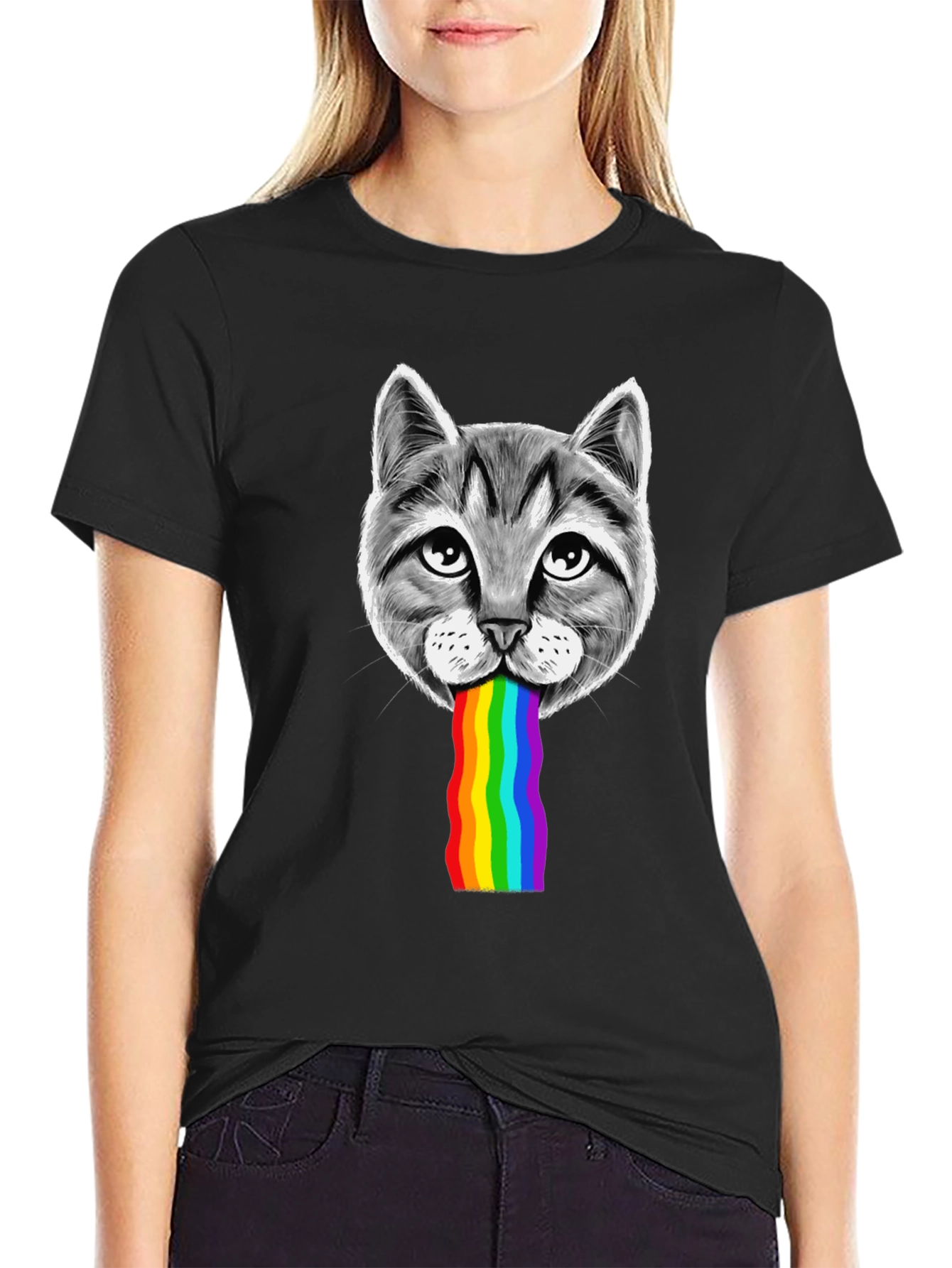 Black Cat Rainbow Puke Graphic T-Shirt view 2