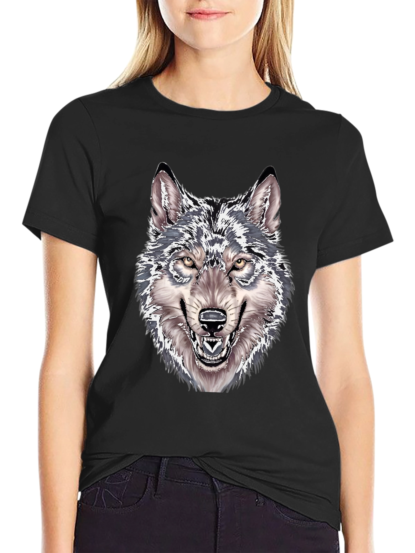 Black Wolf Graphic Print Black T-Shirt view 2