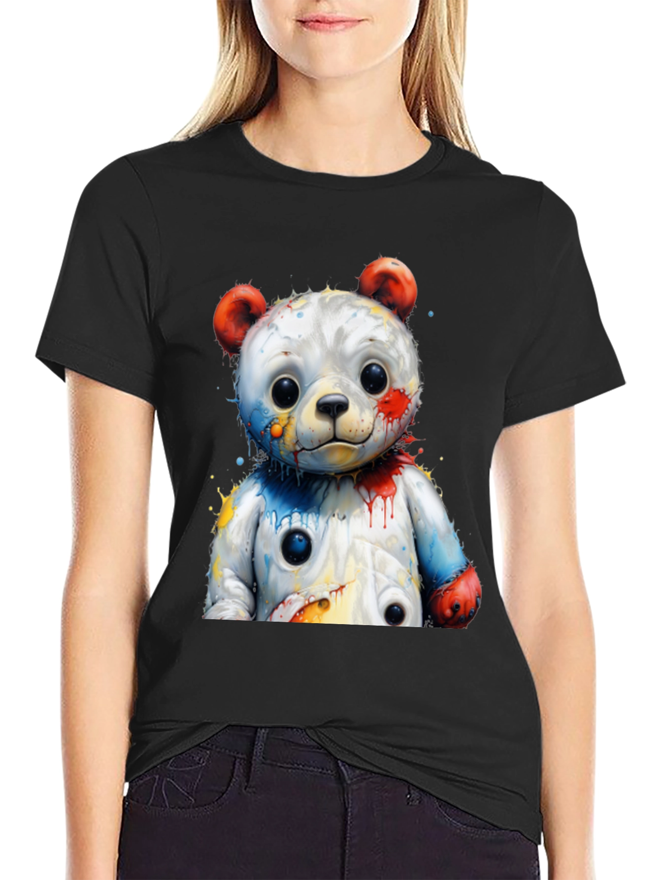 Black Watercolor Bear Graphic Tee - Black Cotton Blend view 2