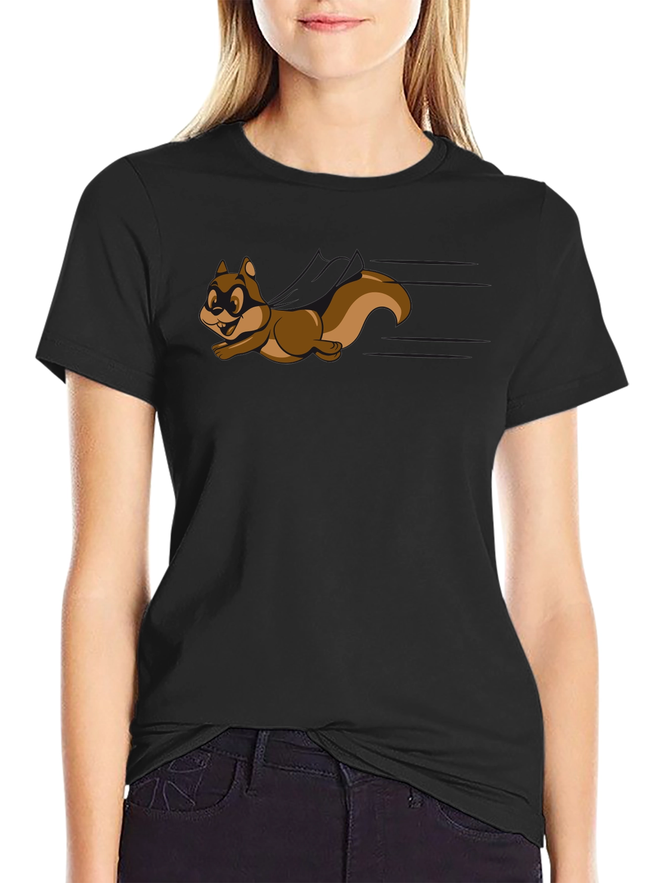 Black Cartoon Squirrel Graphic Tee - Black Crew Neck Shirt view 2