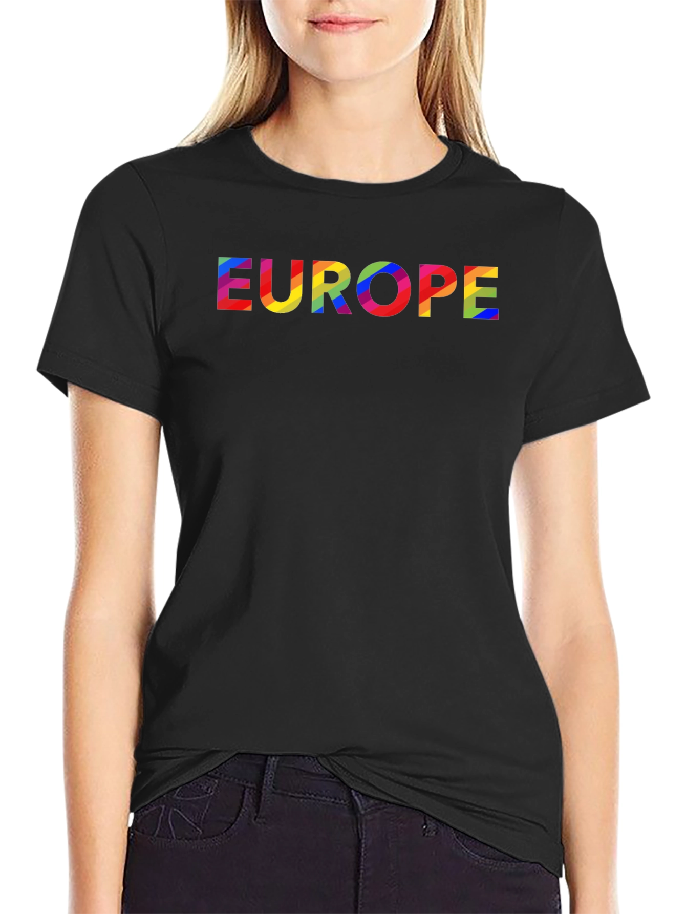 Black Europe Rainbow Text Black T-Shirt view 2