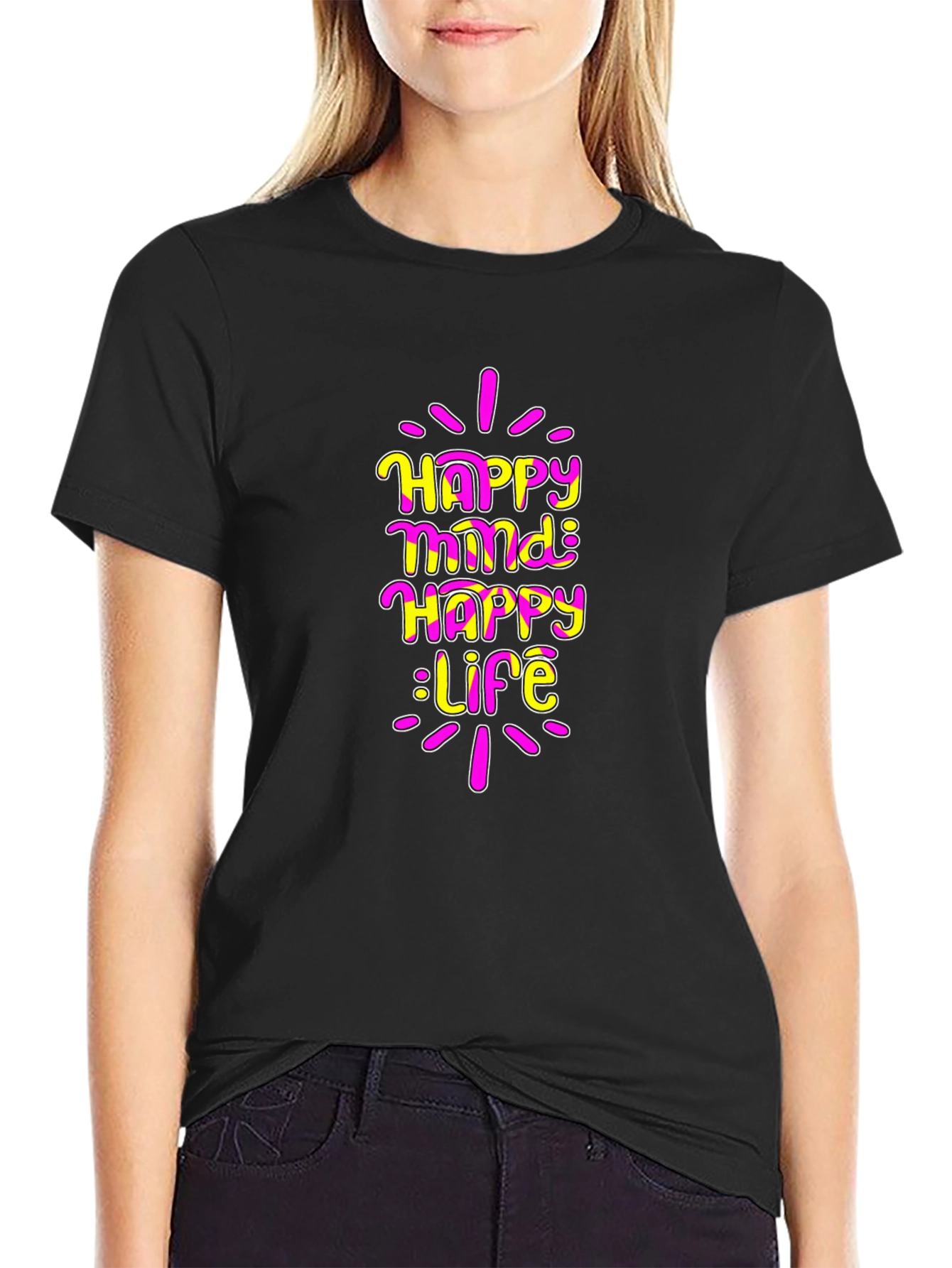 Black Happy Mind Happy Life Graphic T-Shirt view 2