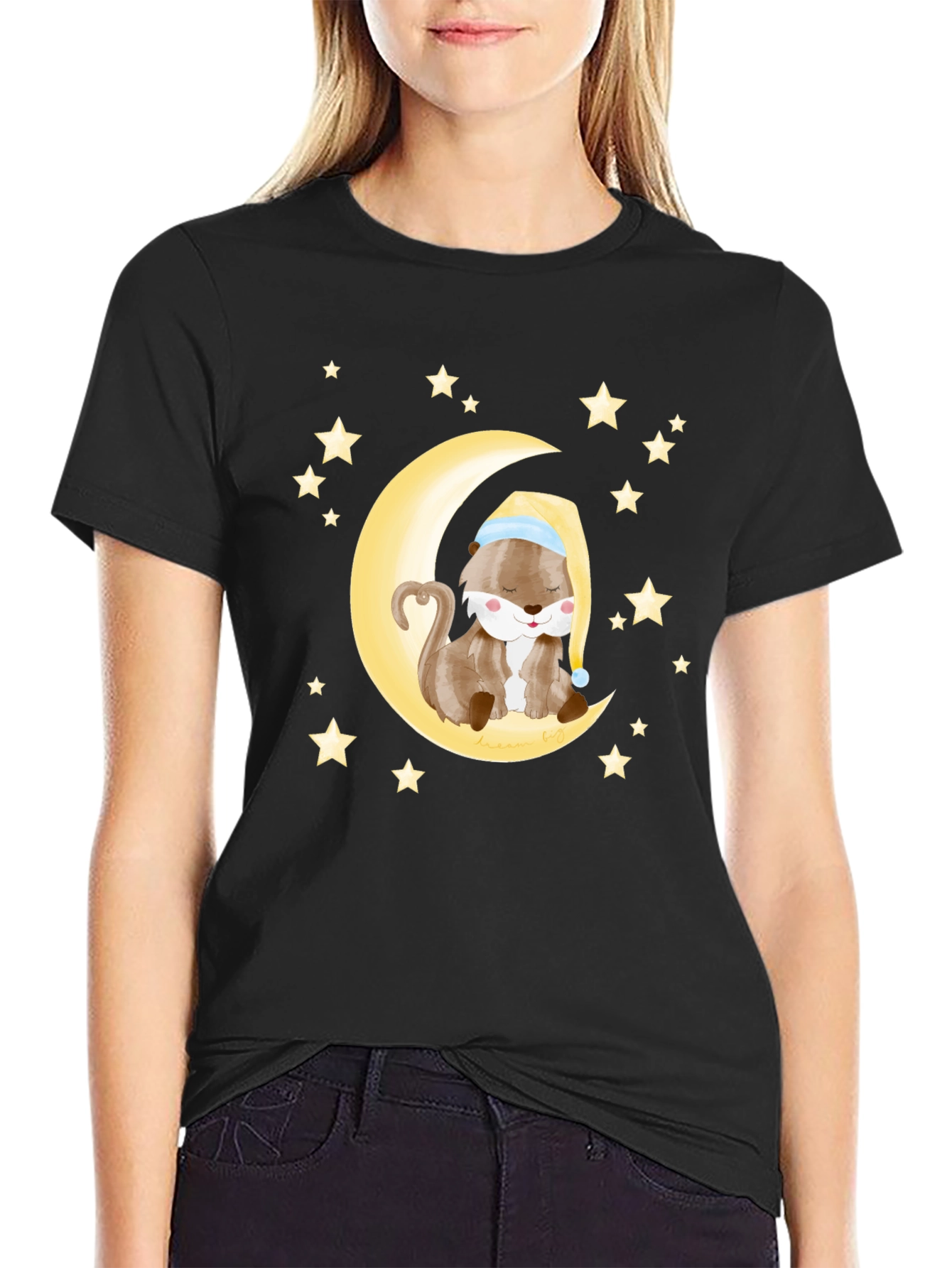 Black Otter Sleeping on Moon Graphic Tee - Black Cotton view 2