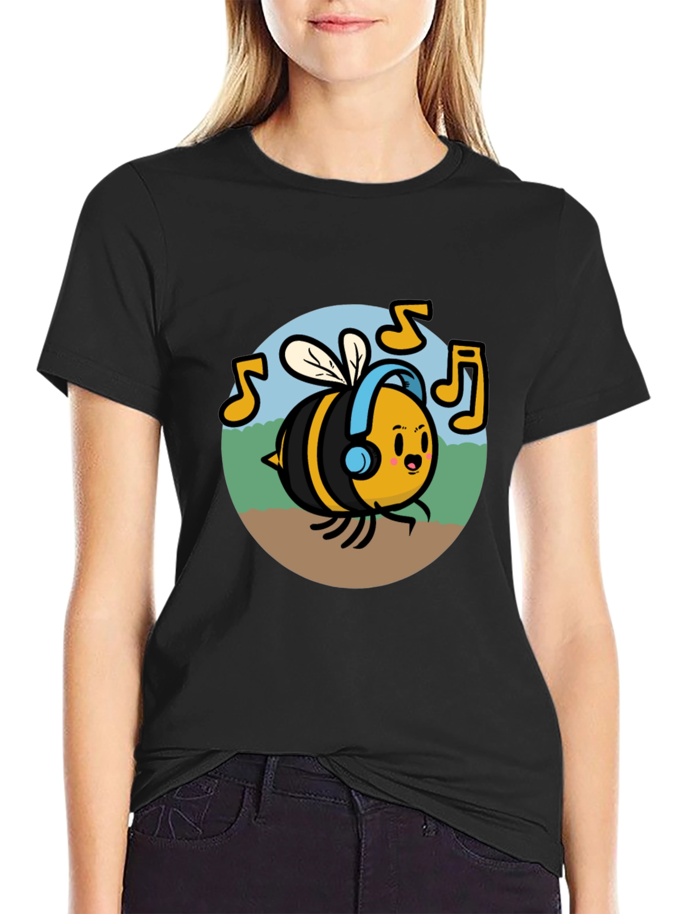 Black Musical Bee Graphic Tee - Black Cotton T-Shirt view 2