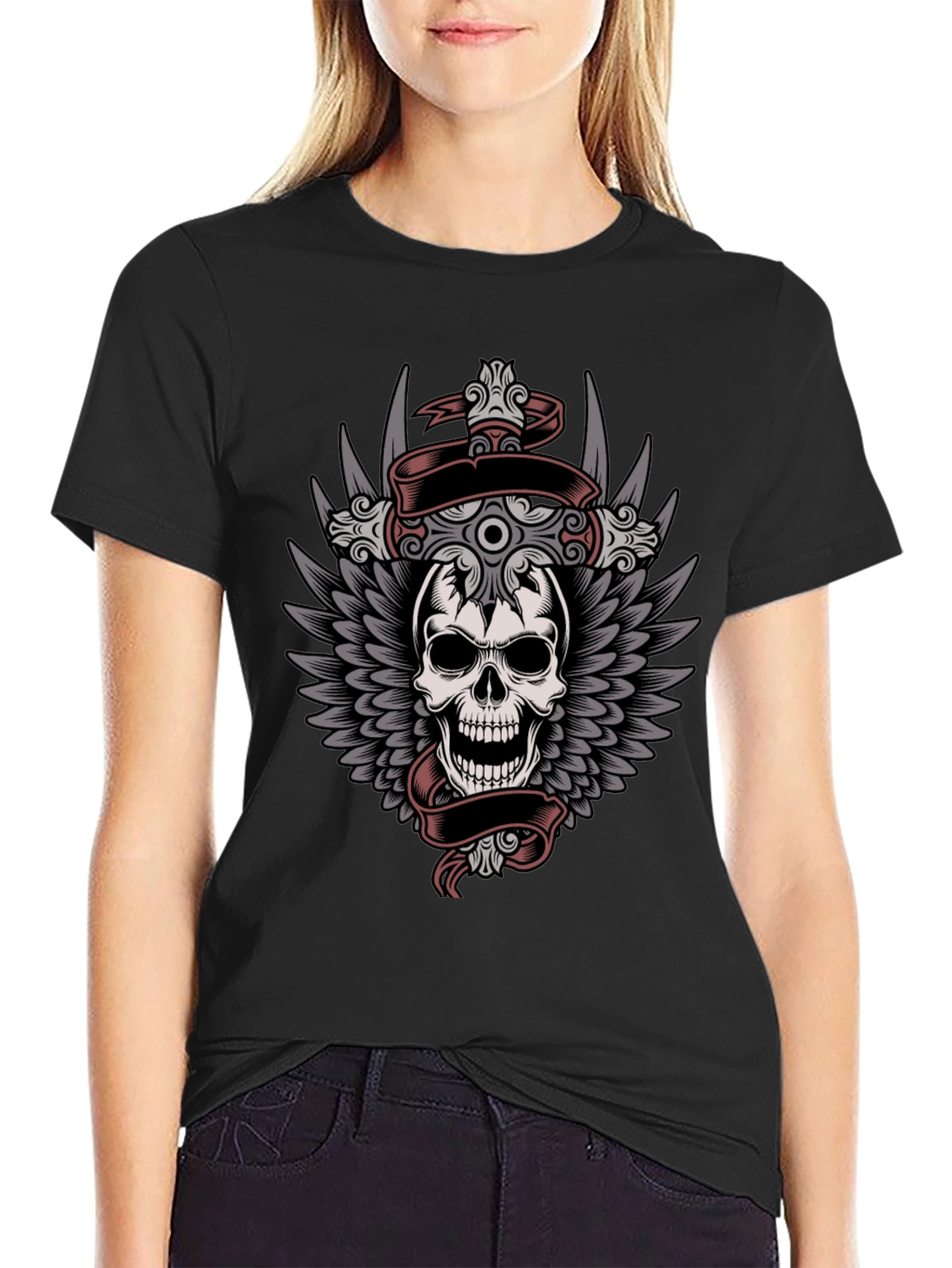 Black Skull & Wings Graphic Tee - Men's Black T-Shirt view 2