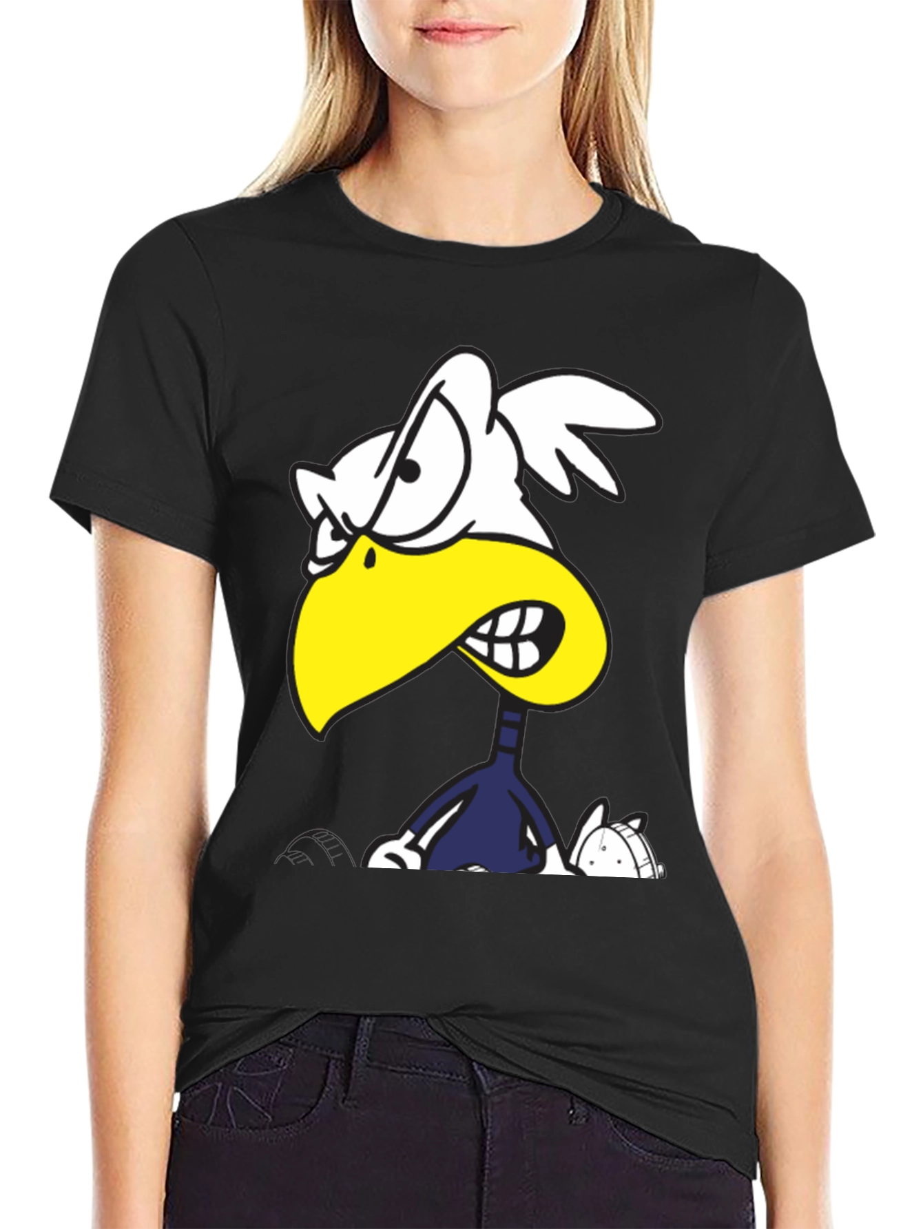 Black Angry Cartoon Bird Graphic Tee - Black Cotton T-Shirt view 2