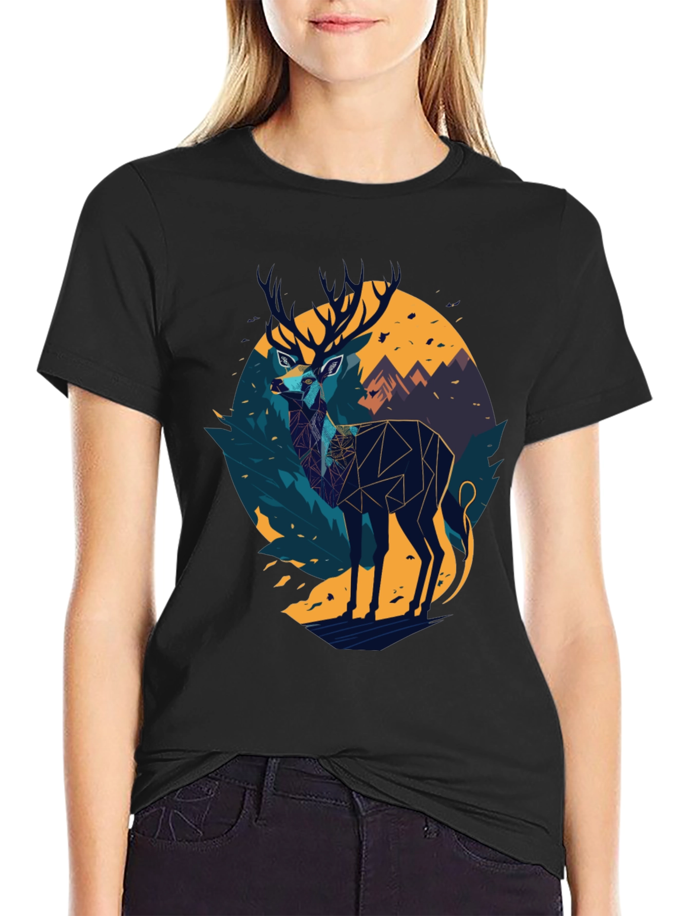 Black Geometric Deer Graphic Black T-Shirt view 2