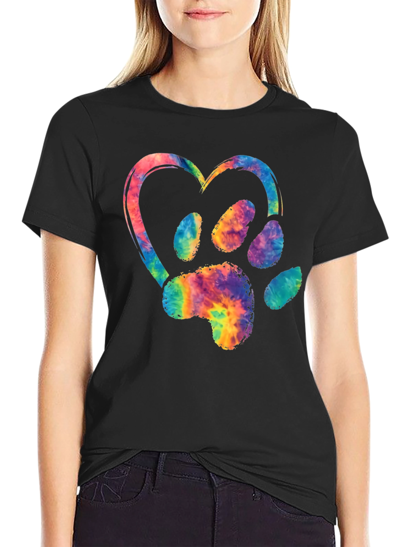 Black Tie-Dye Paw Print Heart Graphic Tee view 2