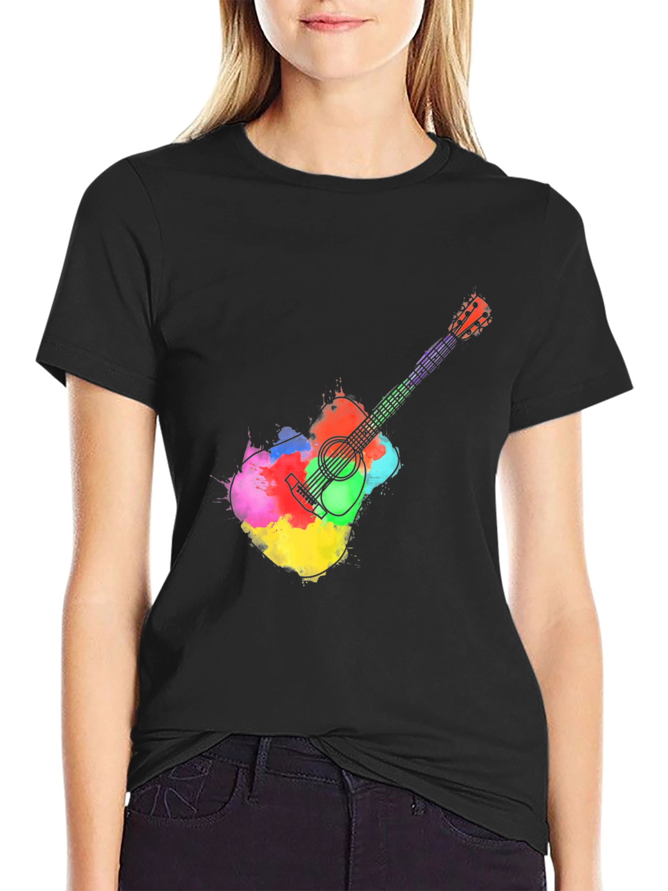 Black Watercolor Guitar Graphic Tee - Black T-Shirt view 2