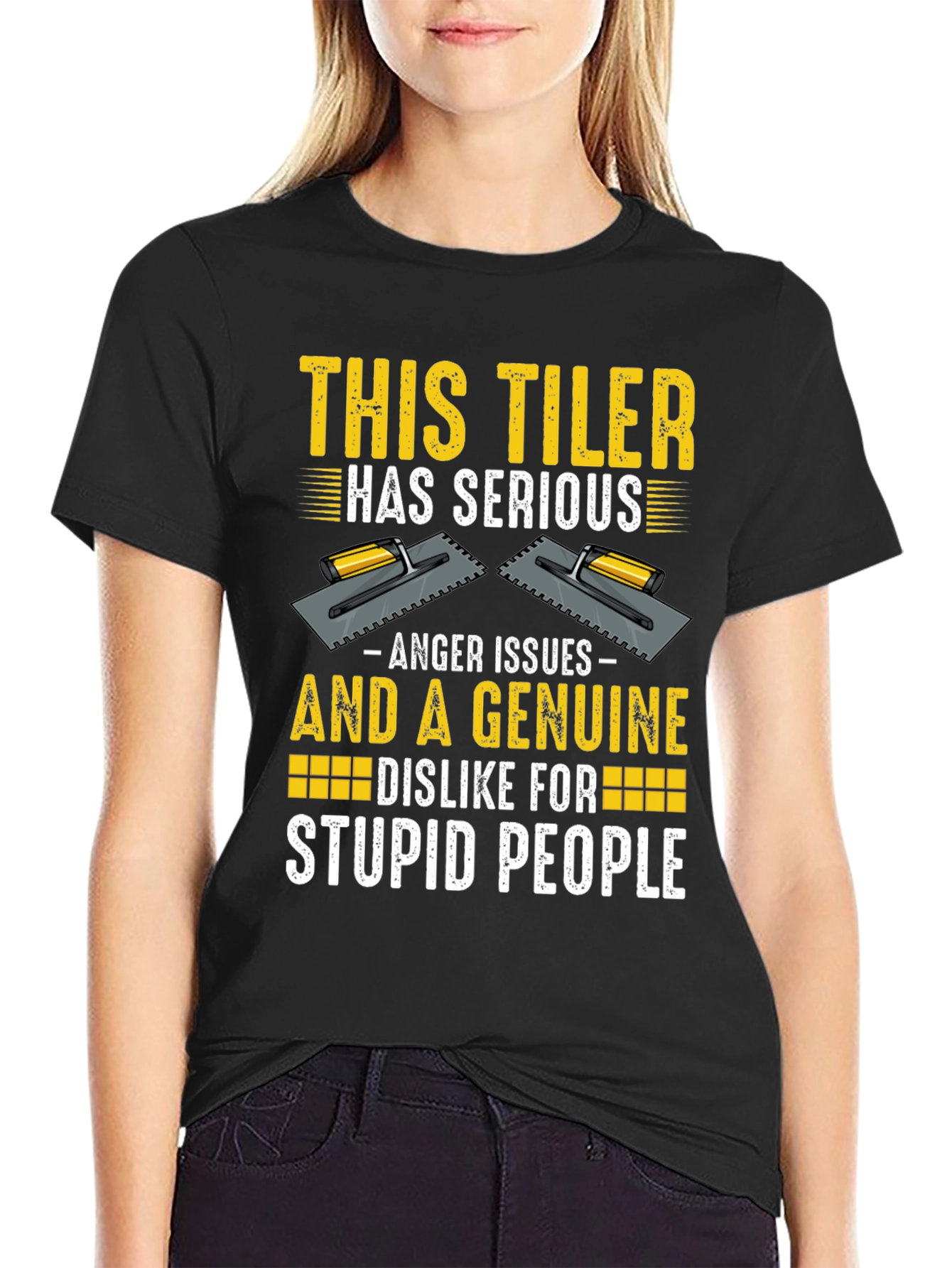 Black Funny Tiler T-Shirt - Anger Issues & Stupid People view 2