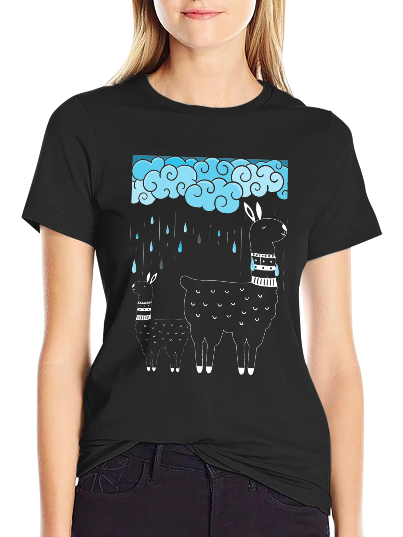 Black Llama Rain Cloud Graphic Tee - Black Cotton T-Shirt view 2
