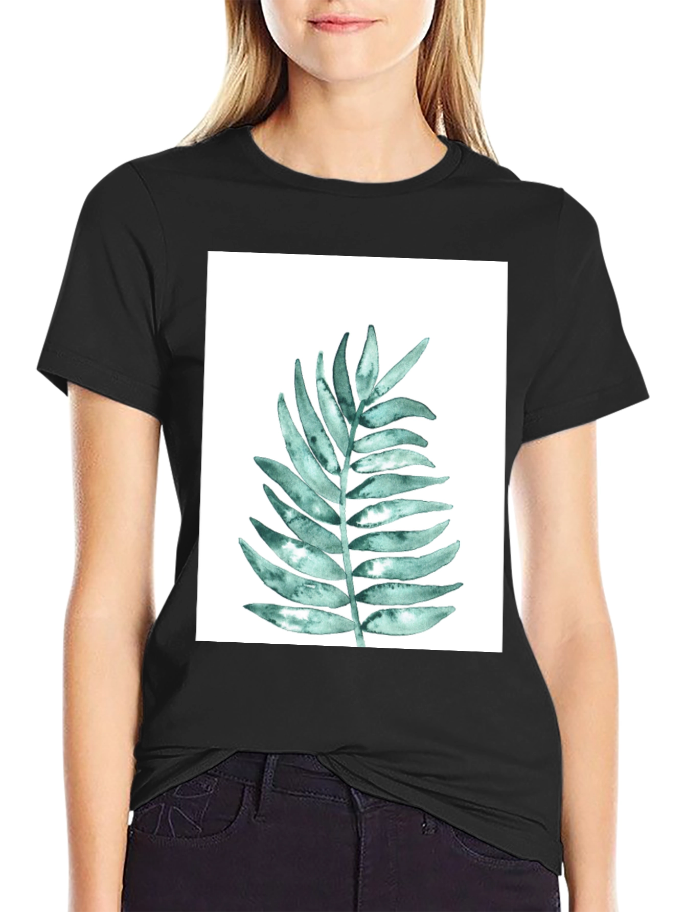 Black Botanical Leaf Print Black T-Shirt view 2