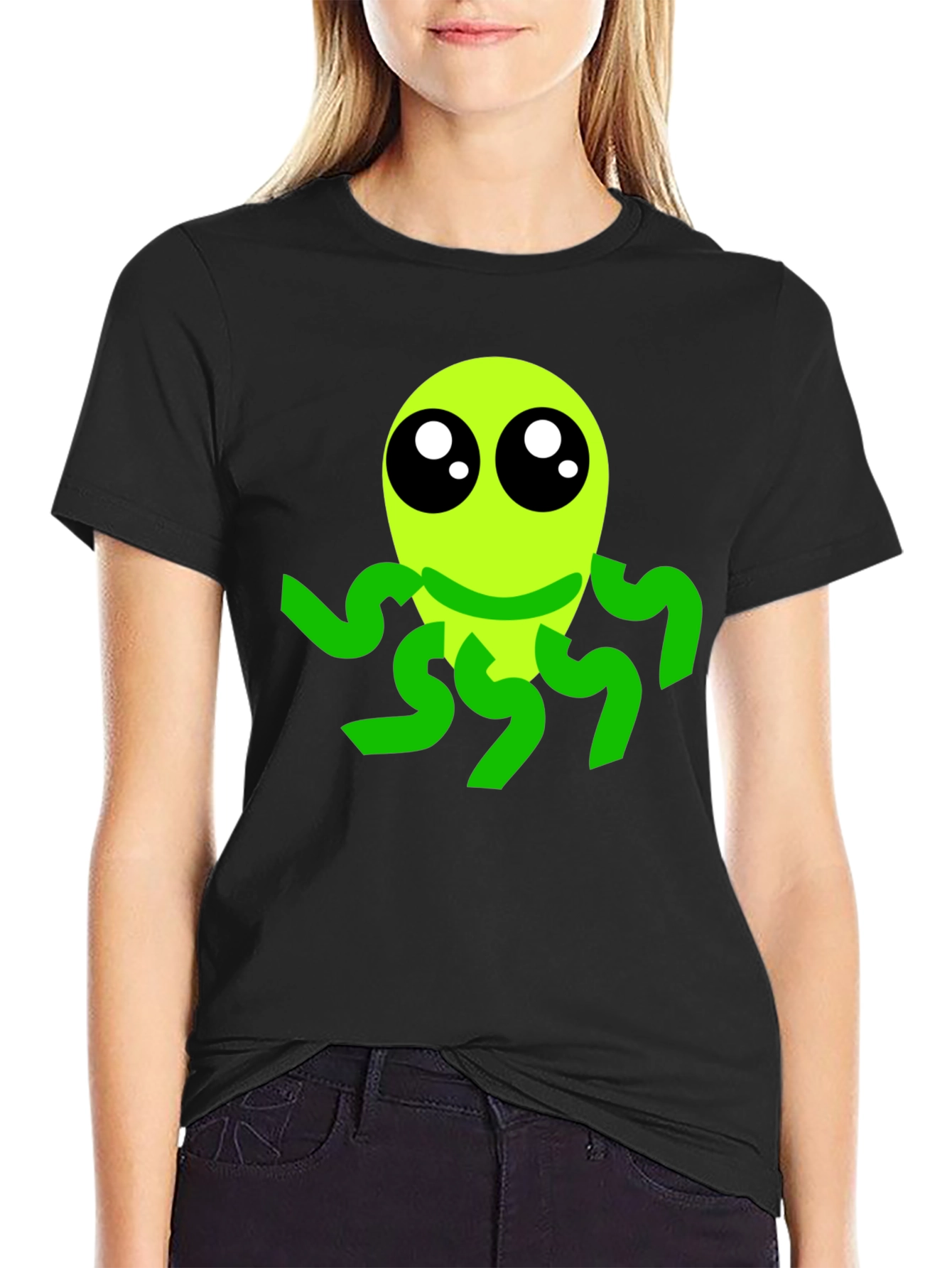 Cute Alien Graphic Tee - Black Casual T-Shirt - 2