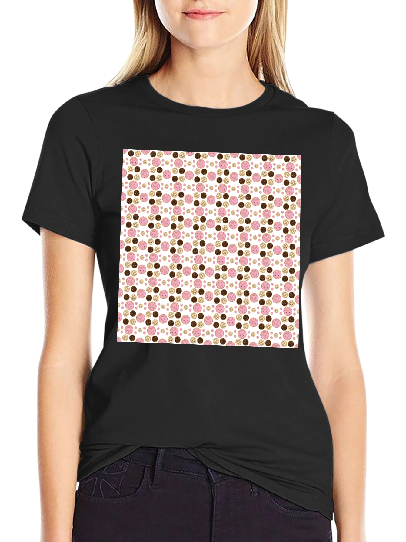 Black Patterned Button Print Black T-Shirt view 2