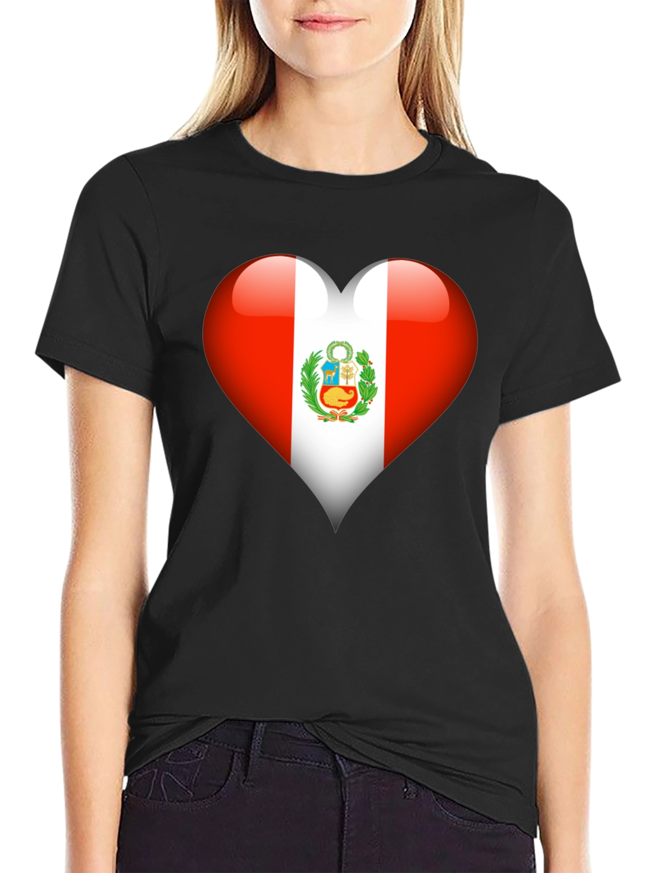 Black Peru Flag Heart T-Shirt - Show Your Pride view 2