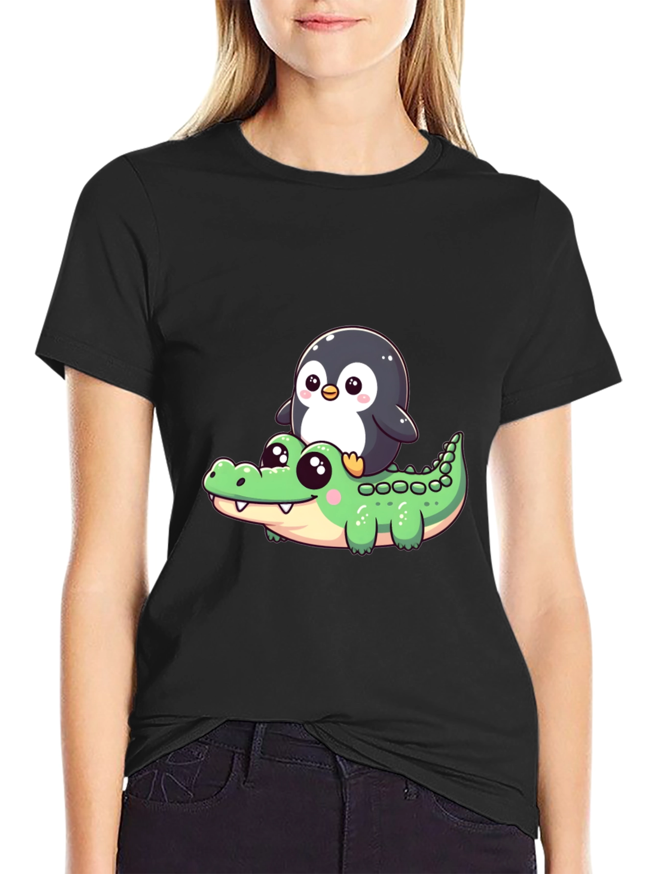 Black Cute Penguin Riding Alligator Graphic Tee - Black view 2